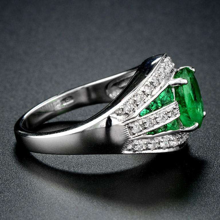 Zambian Emerald with Diamond Cocktail Ring in 18K White Gold 4