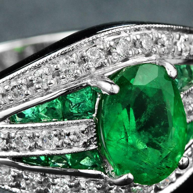 Zambian Emerald with Diamond Cocktail Ring in 18K White Gold 6