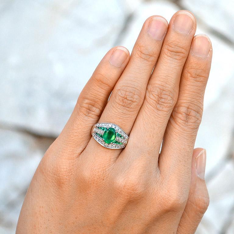 Zambian Emerald with Diamond Cocktail Ring in 18K White Gold 8