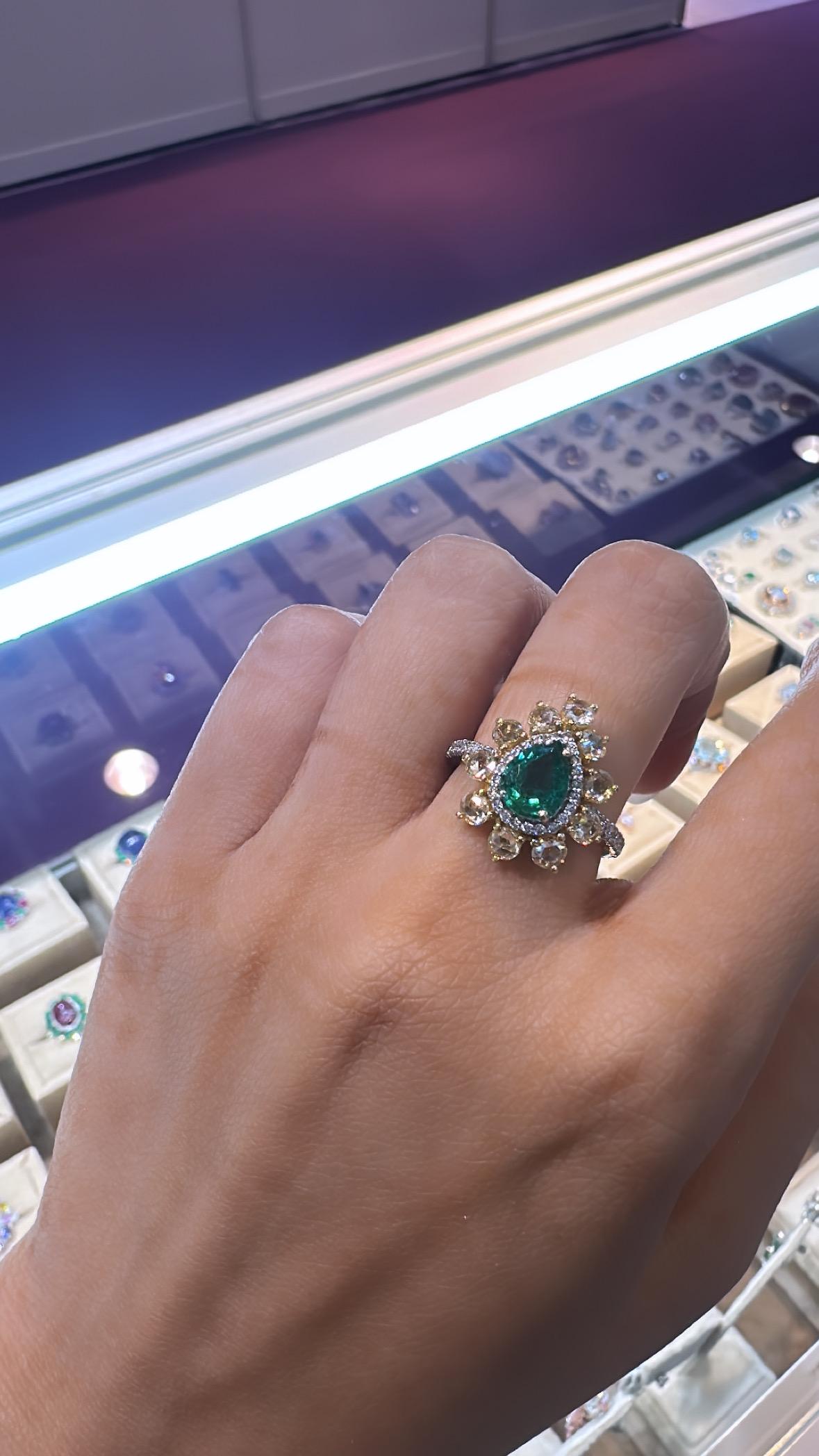 Art Nouveau Zambian Emerald & Yellow Rose Cut Diamonds Engagement Ring set in 18K Gold For Sale