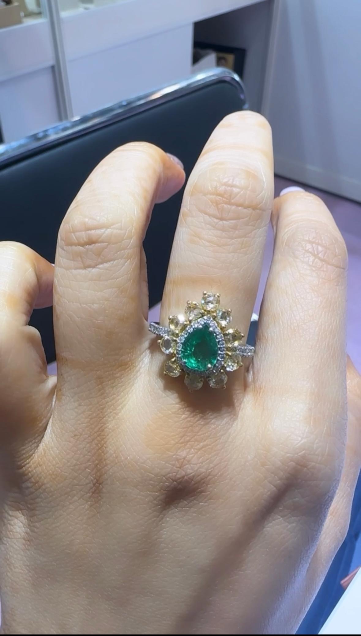 Zambian Emerald & Yellow Rose Cut Diamonds Engagement Ring set in 18K Gold For Sale 2