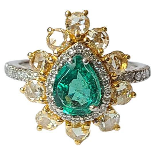 Zambian Emerald & Yellow Rose Cut Diamonds Engagement Ring set in 18K Gold For Sale