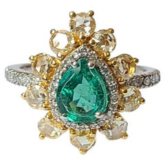 Zambian Emerald & Yellow Rose Cut Diamonds Engagement Ring set in 18K Gold