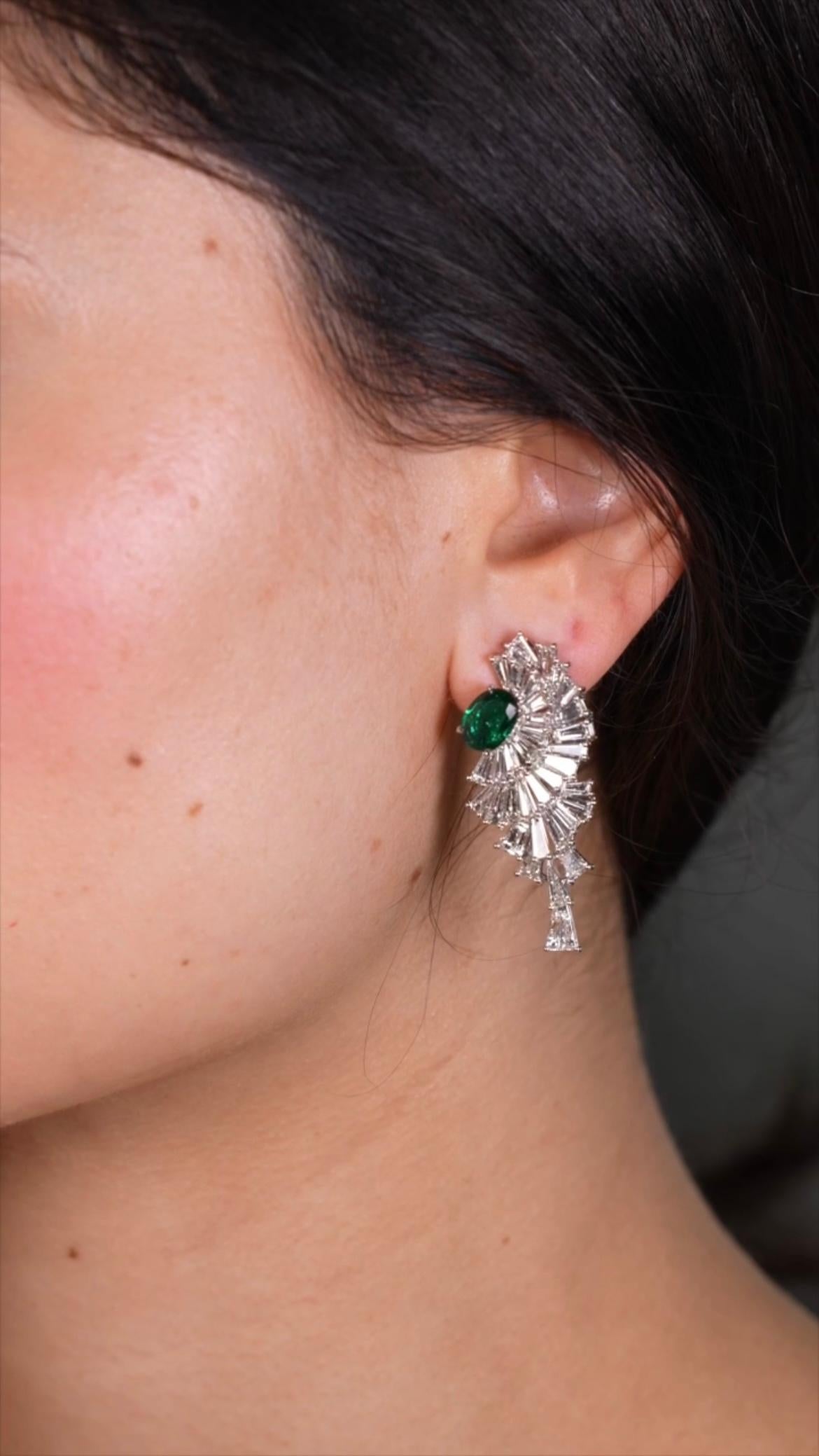 Baguette Cut Zambian Green Emerald & Baguette Diamond Earrings