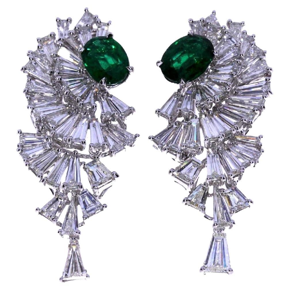 Zambian Green Emerald & Baguette Diamond Earrings