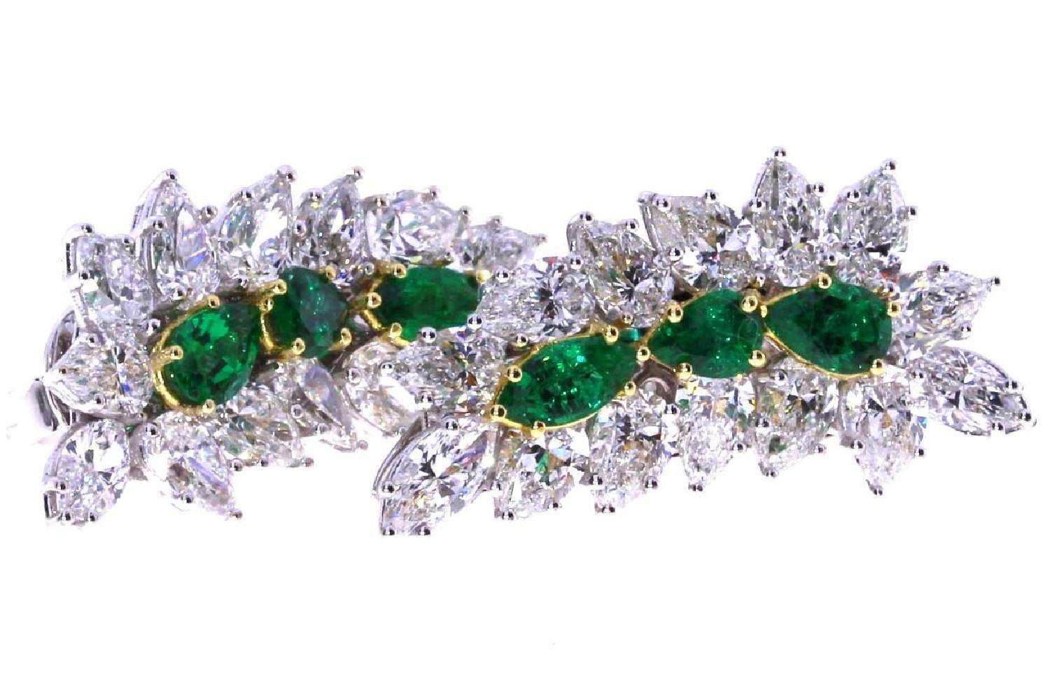 Marquise Cut Zambian Green Emerald and Diamond Earrings For Sale