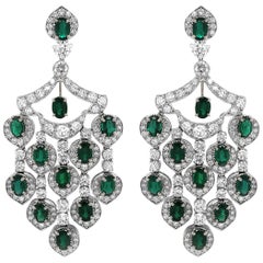 Zambian Oval Cut Emerald 12.09 Carat Drop Chandelier 18k gold Earrings