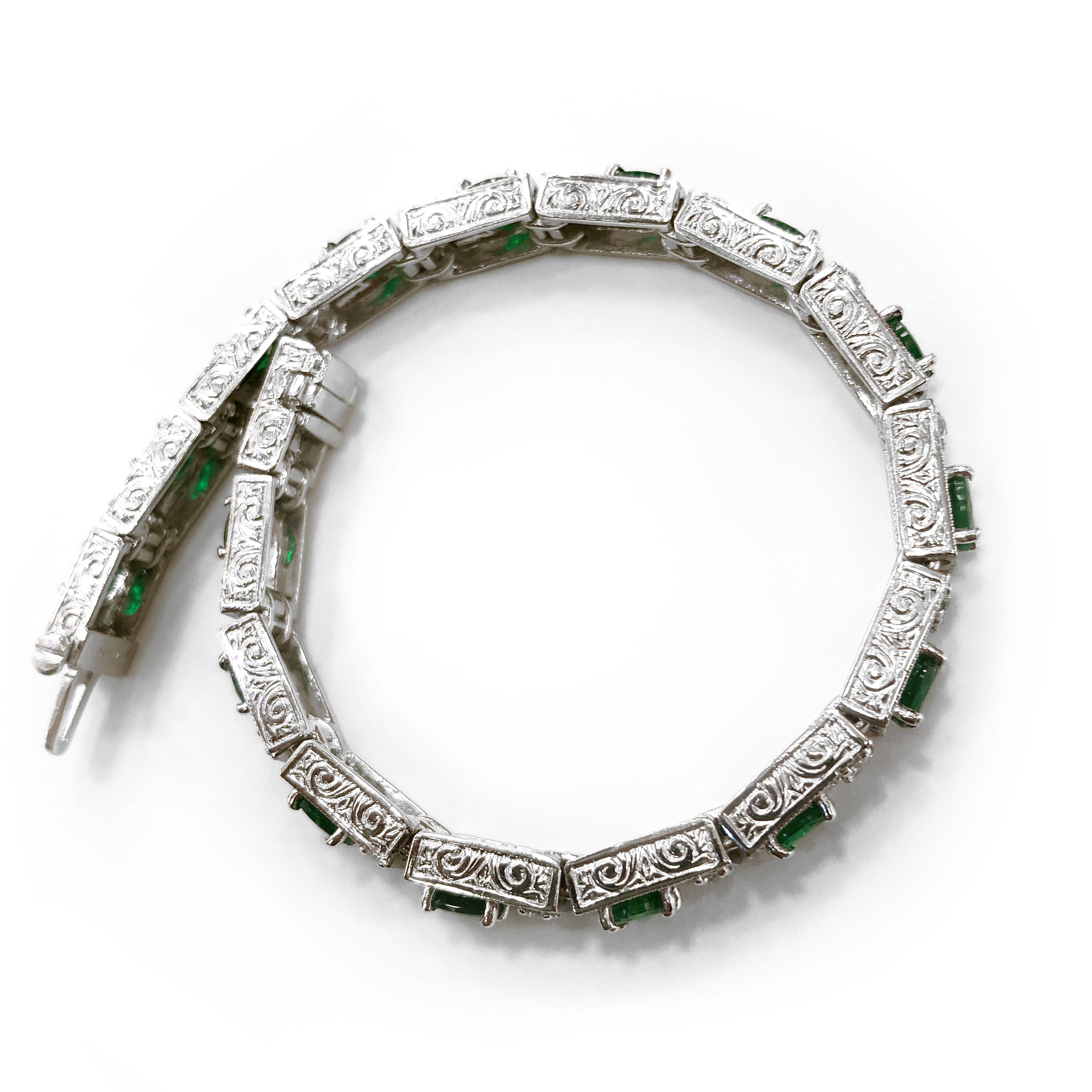 Zambian Oval Cut Emeralds 6.38 Carat Diamond Platinum Bracelet In New Condition For Sale In New York, NY