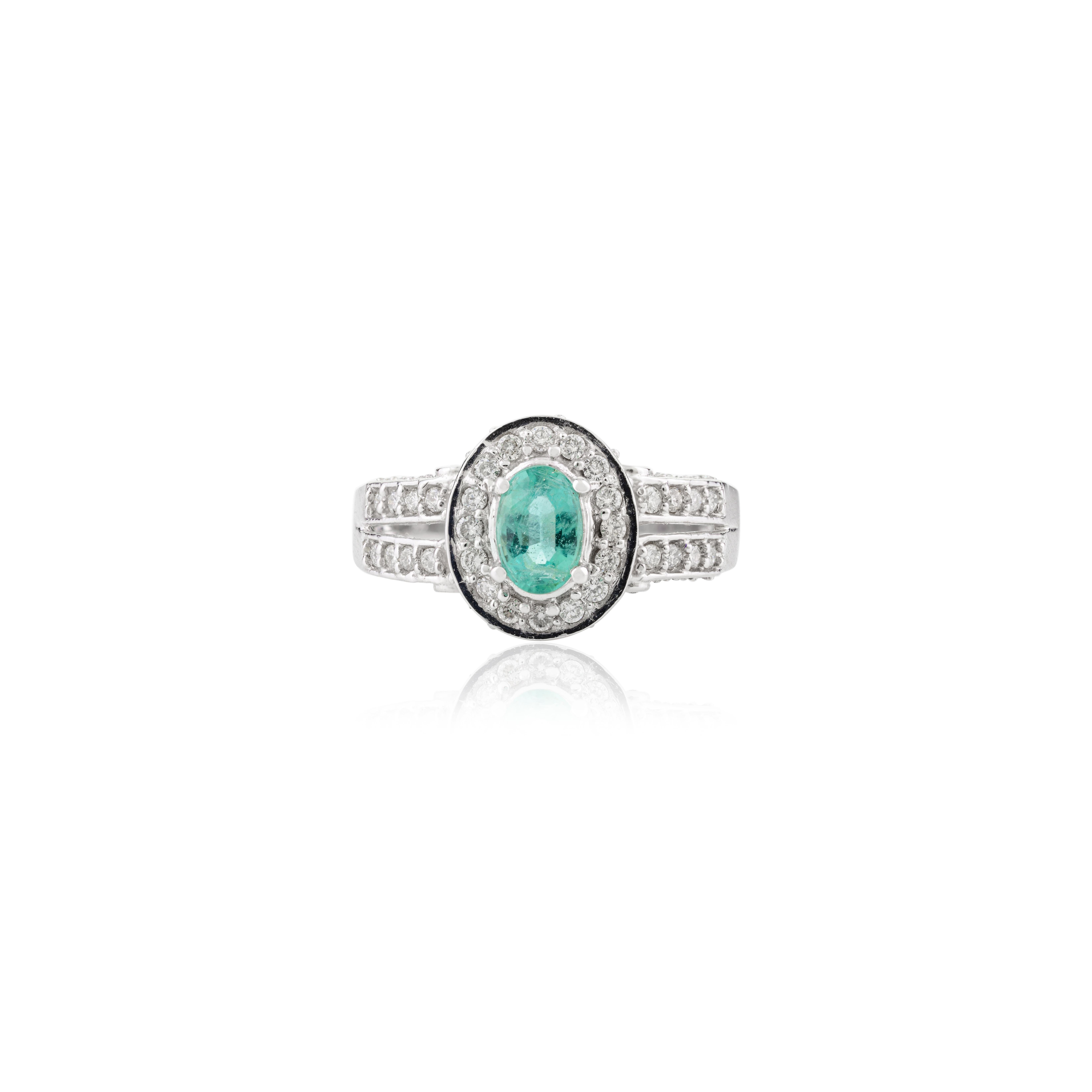 For Sale:  Zambian Oval Emerald and Diamond Engagement Ring in 14k Solid White Gold 10
