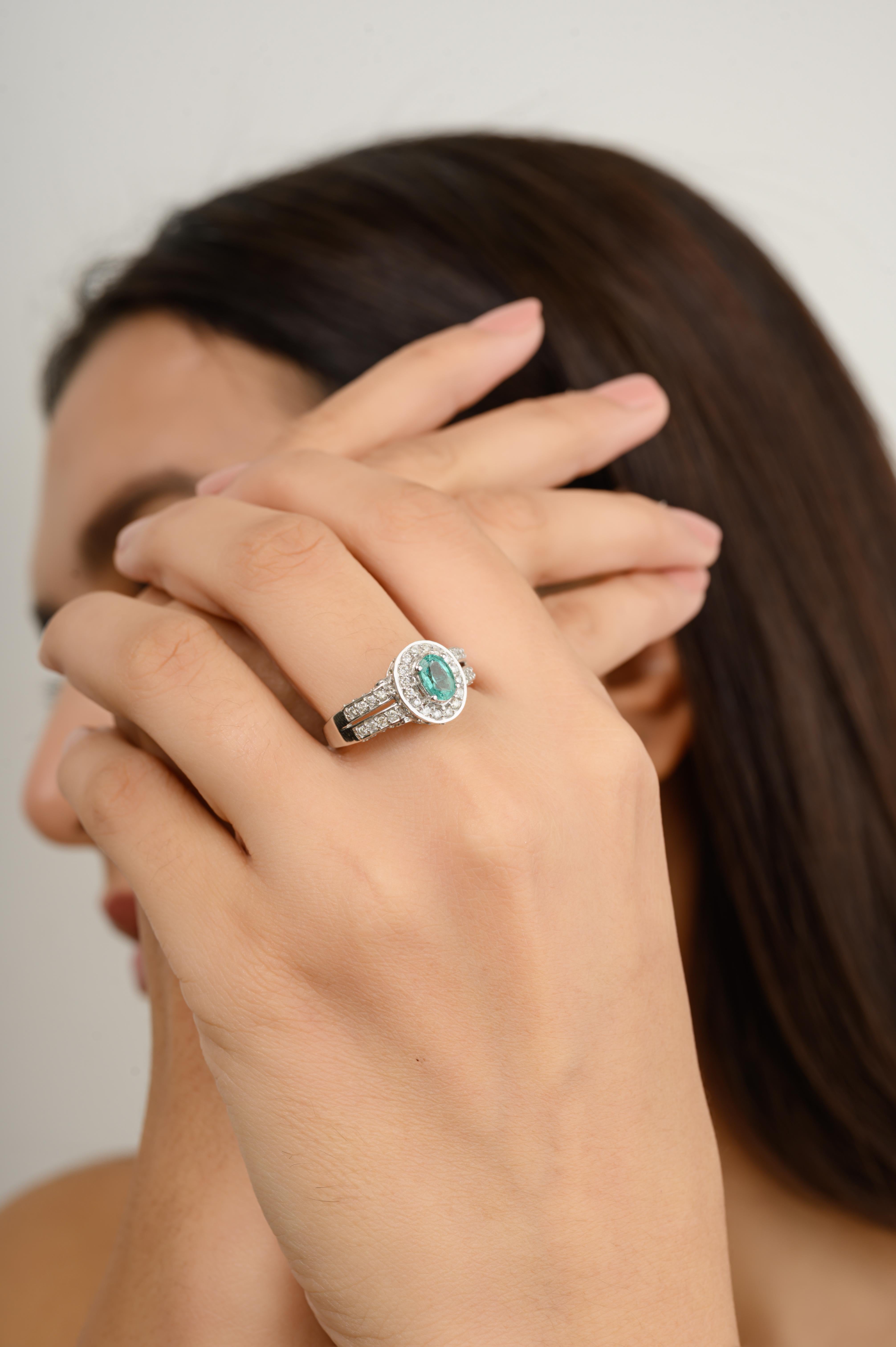 For Sale:  Zambian Oval Emerald and Diamond Engagement Ring in 14k Solid White Gold 2