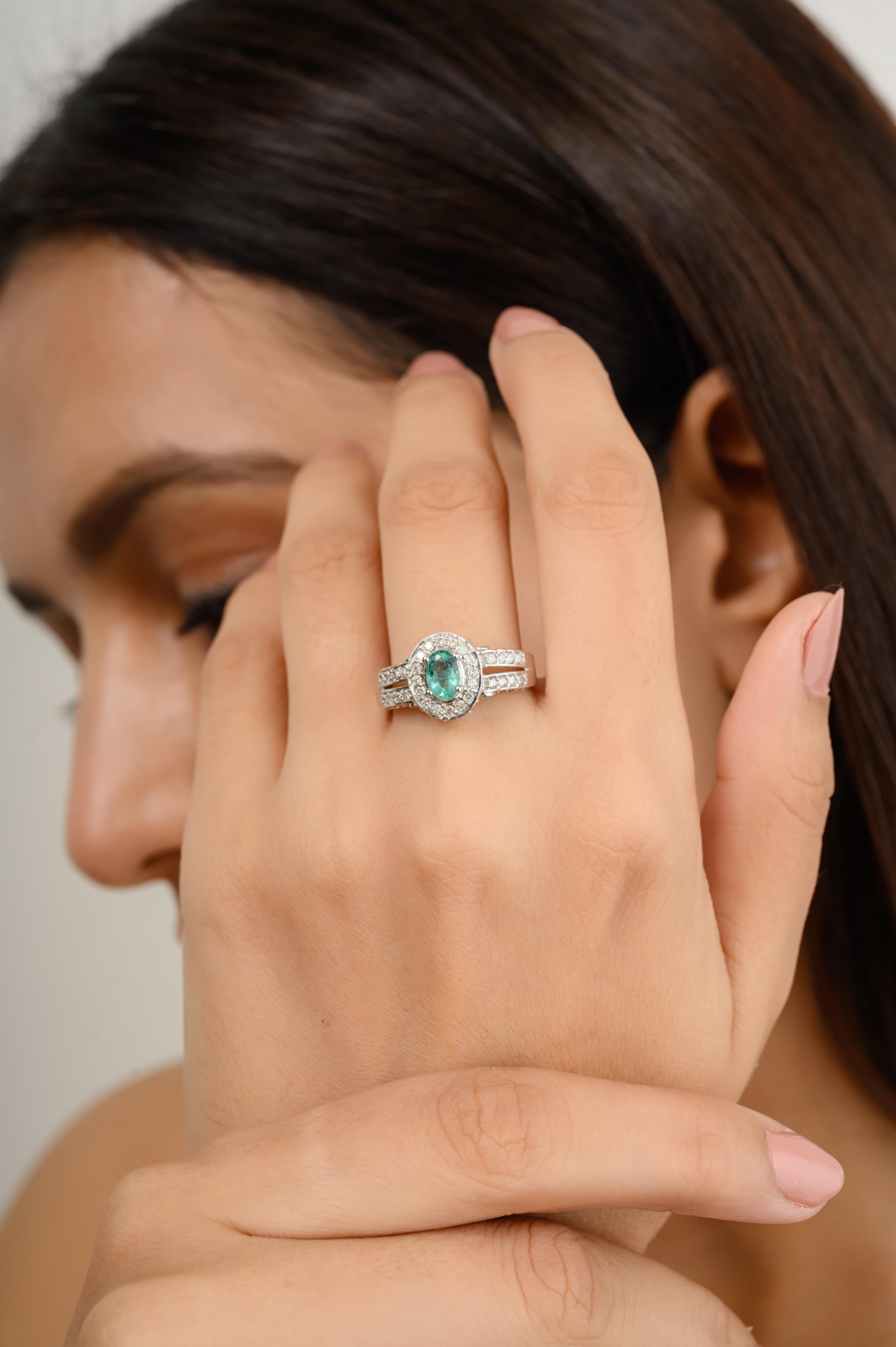 For Sale:  Zambian Oval Emerald and Diamond Engagement Ring in 14k Solid White Gold 4