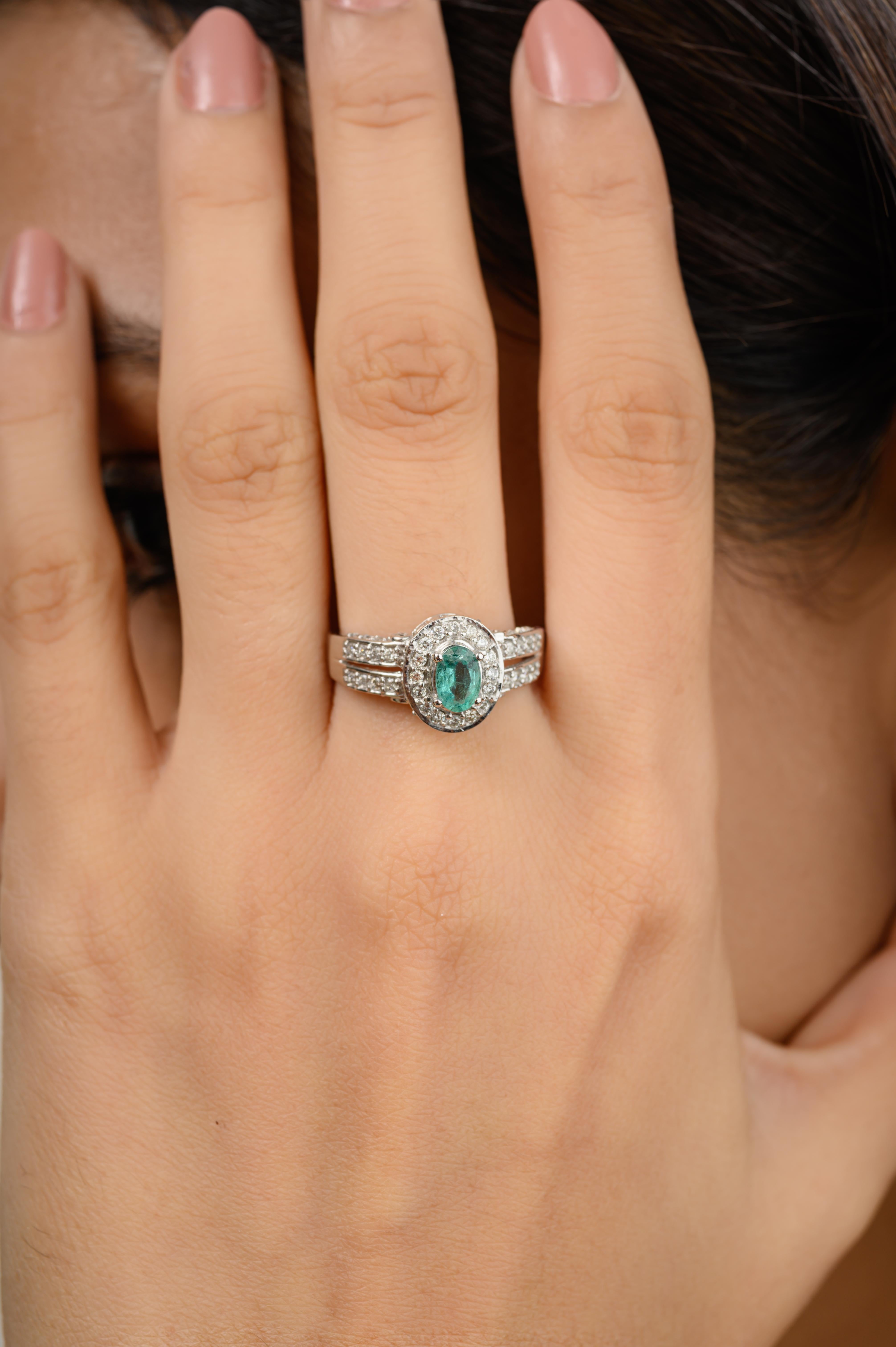 For Sale:  Zambian Oval Emerald and Diamond Engagement Ring in 14k Solid White Gold 6