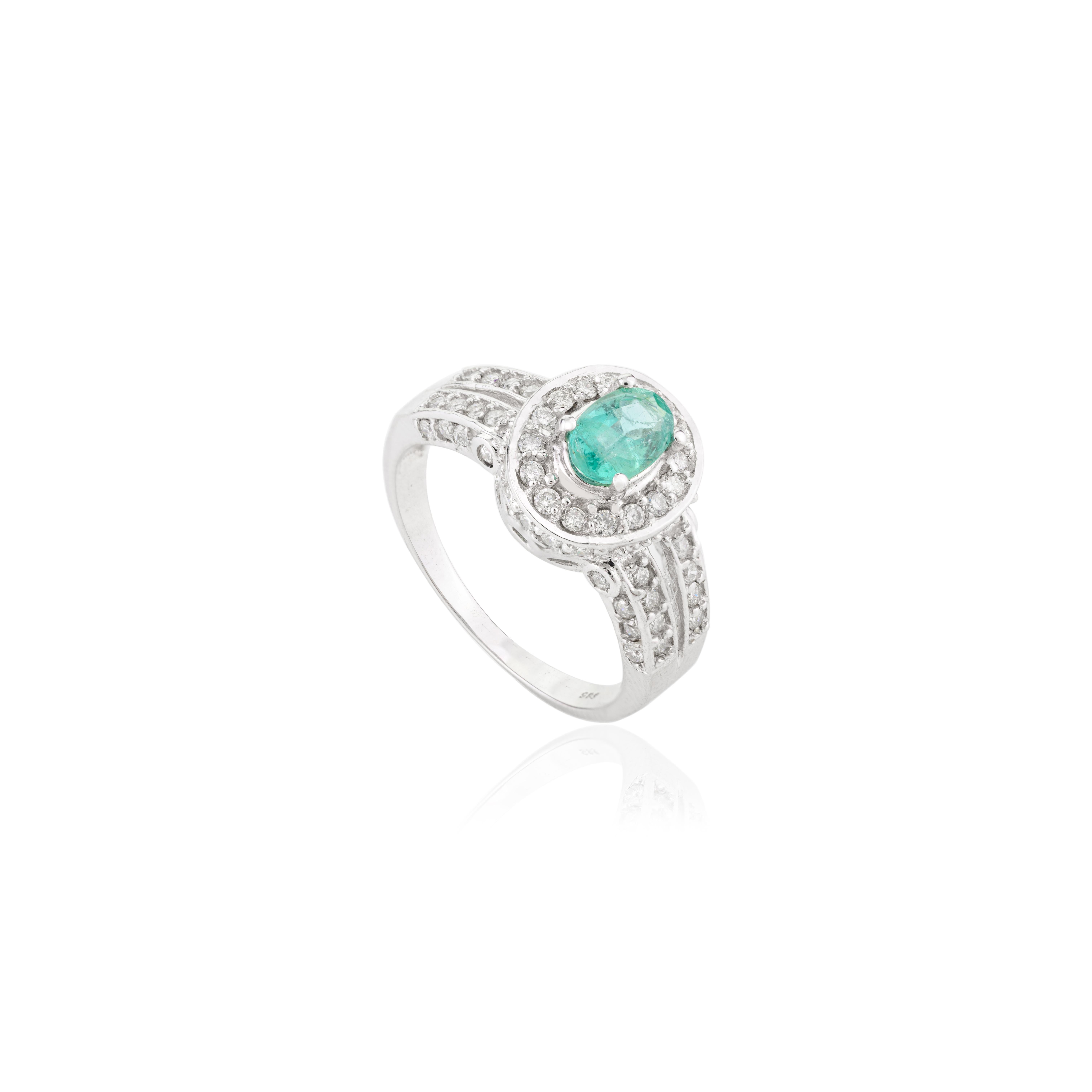 For Sale:  Zambian Oval Emerald and Diamond Engagement Ring in 14k Solid White Gold 7