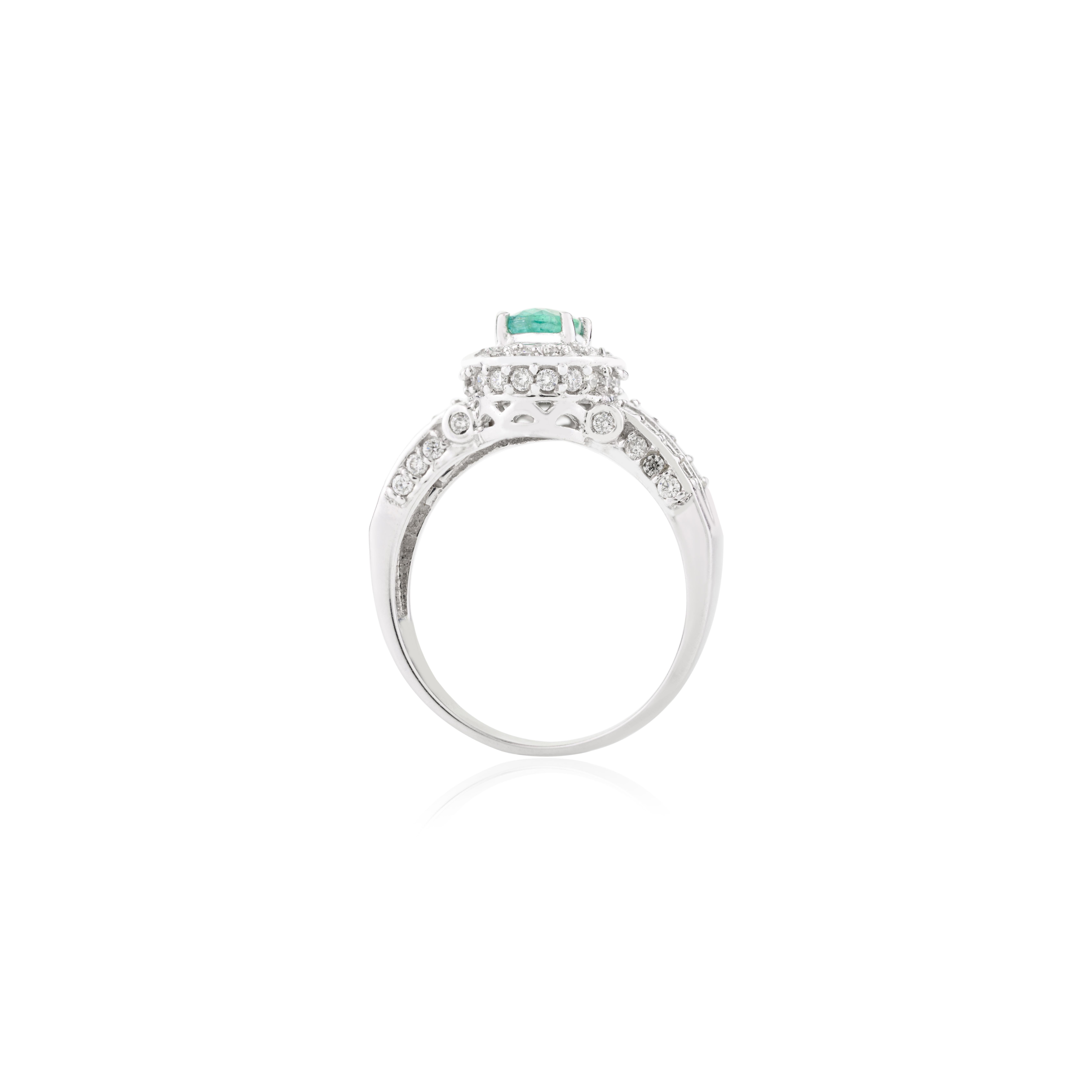 For Sale:  Zambian Oval Emerald and Diamond Engagement Ring in 14k Solid White Gold 9