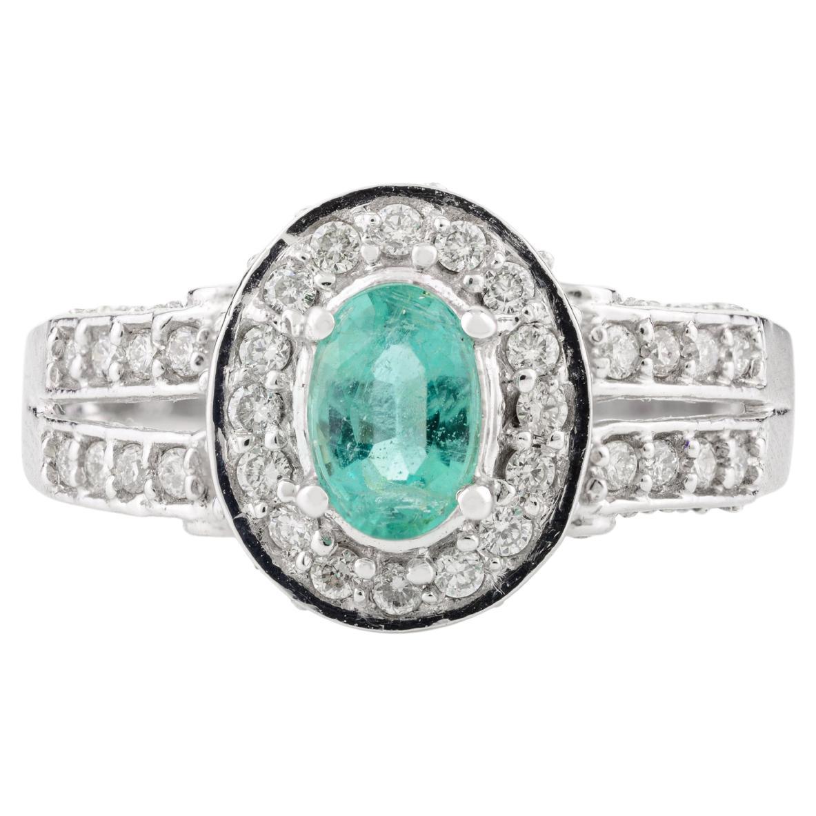 Zambian Oval Emerald and Diamond Engagement Ring in 14k Solid White Gold