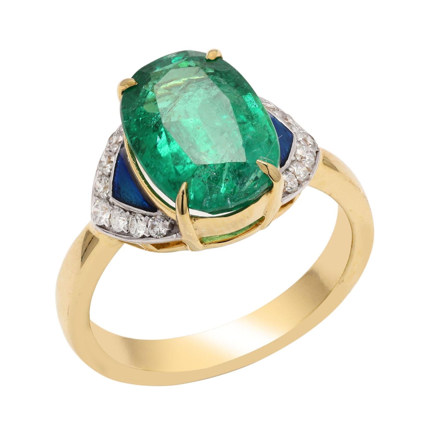 Oval Cut Zambian Oval Emerald Cocktail Ring with Diamonds Made in 18k Yellow Gold For Sale