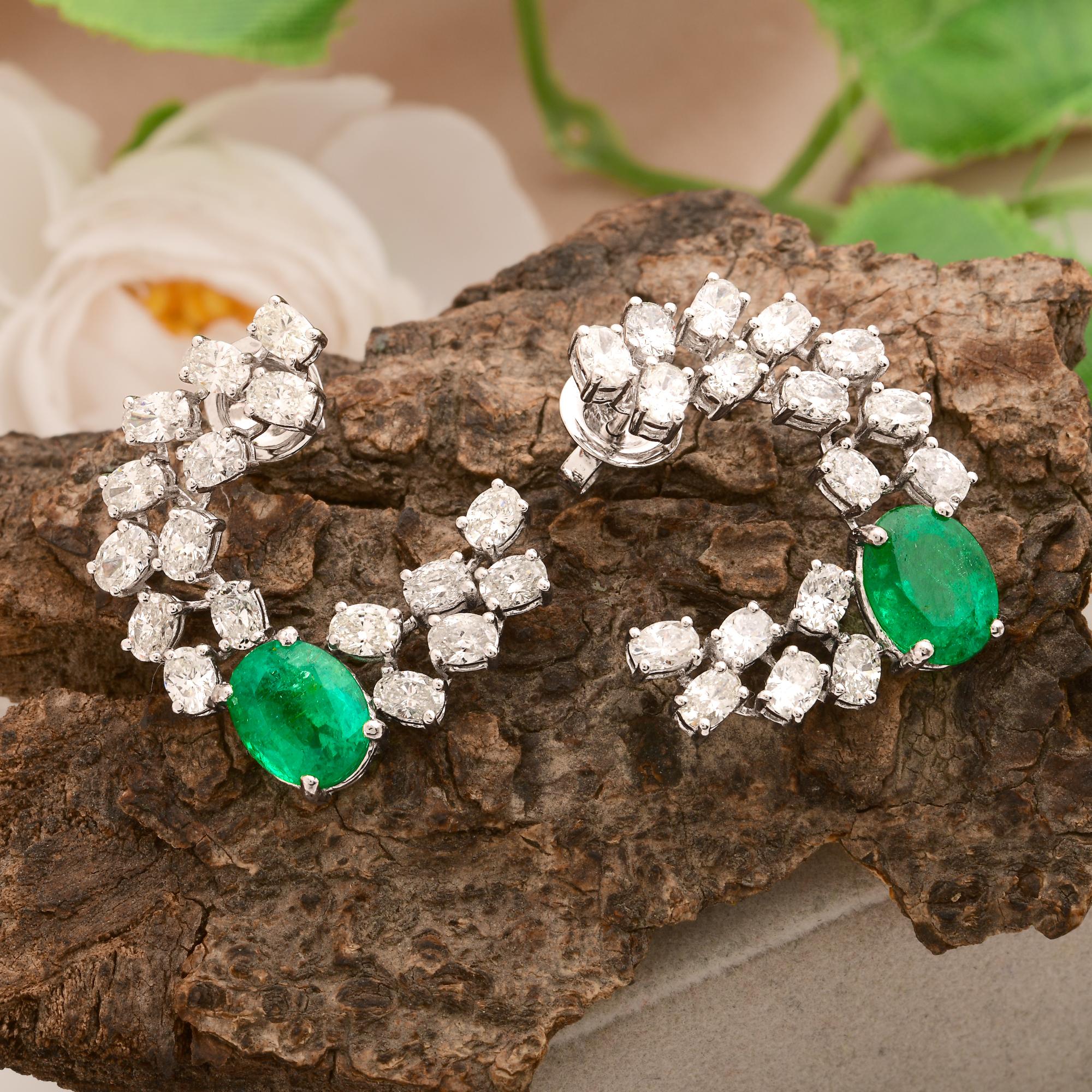 Modern Zambian Oval Emerald Gemstone Stud Earrings Diamond Solid 14k White Gold Jewelry For Sale