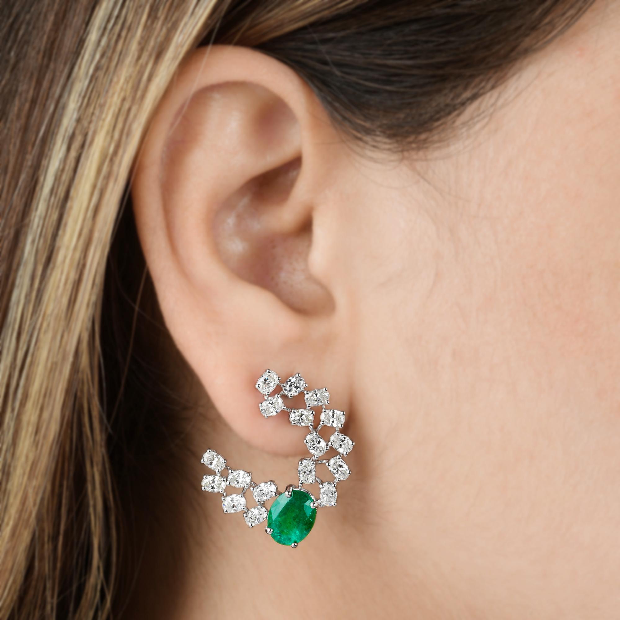 Oval Cut Zambian Oval Emerald Gemstone Stud Earrings Diamond Solid 14k White Gold Jewelry For Sale