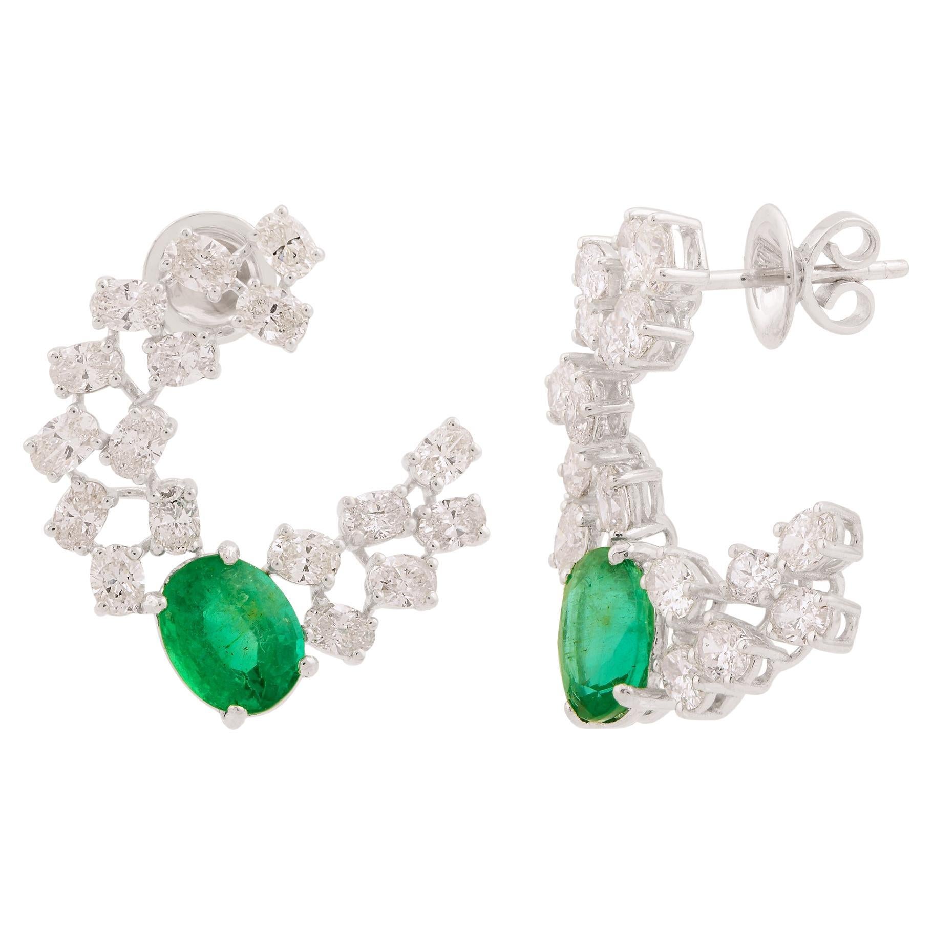 Zambian Oval Emerald Gemstone Stud Earrings Diamond Solid 14k White Gold Jewelry For Sale