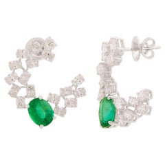 Zambian Oval Emerald Gemstone Stud Earrings Diamond Solid 14k White Gold Jewelry