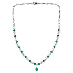 Zambian Oval Emerald Natural Diamond Cluster Pear Drop Necklace 18K White Gold