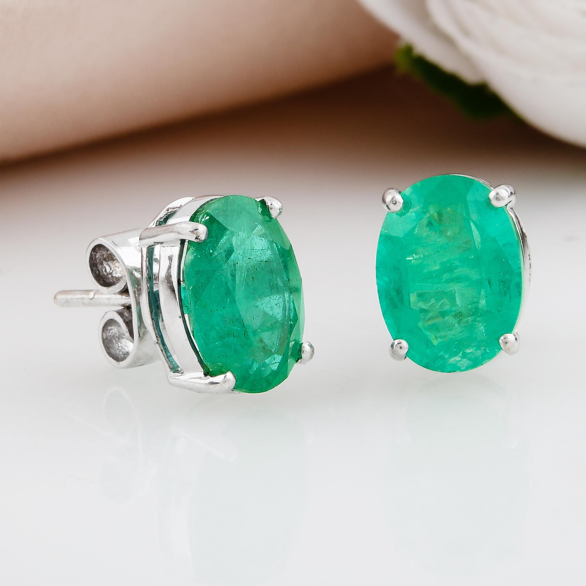 Modern Zambian Oval Shape Emerald Gemstone Stud Earrings 18 Karat White Gold Jewelry For Sale