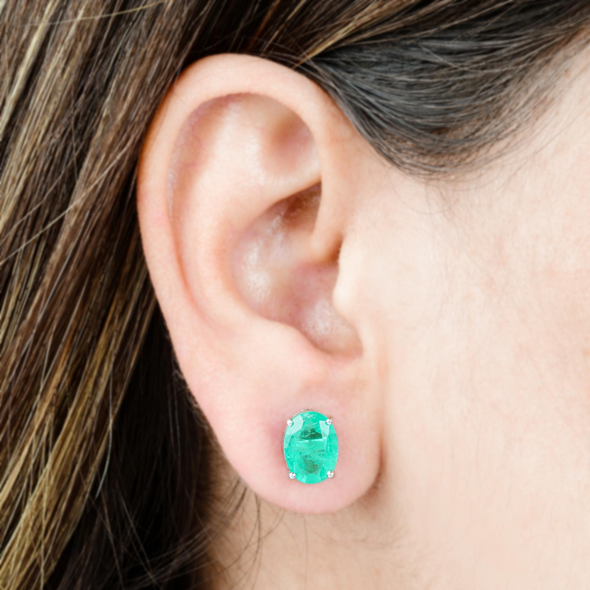 Oval Cut Zambian Oval Shape Emerald Gemstone Stud Earrings 18 Karat White Gold Jewelry For Sale