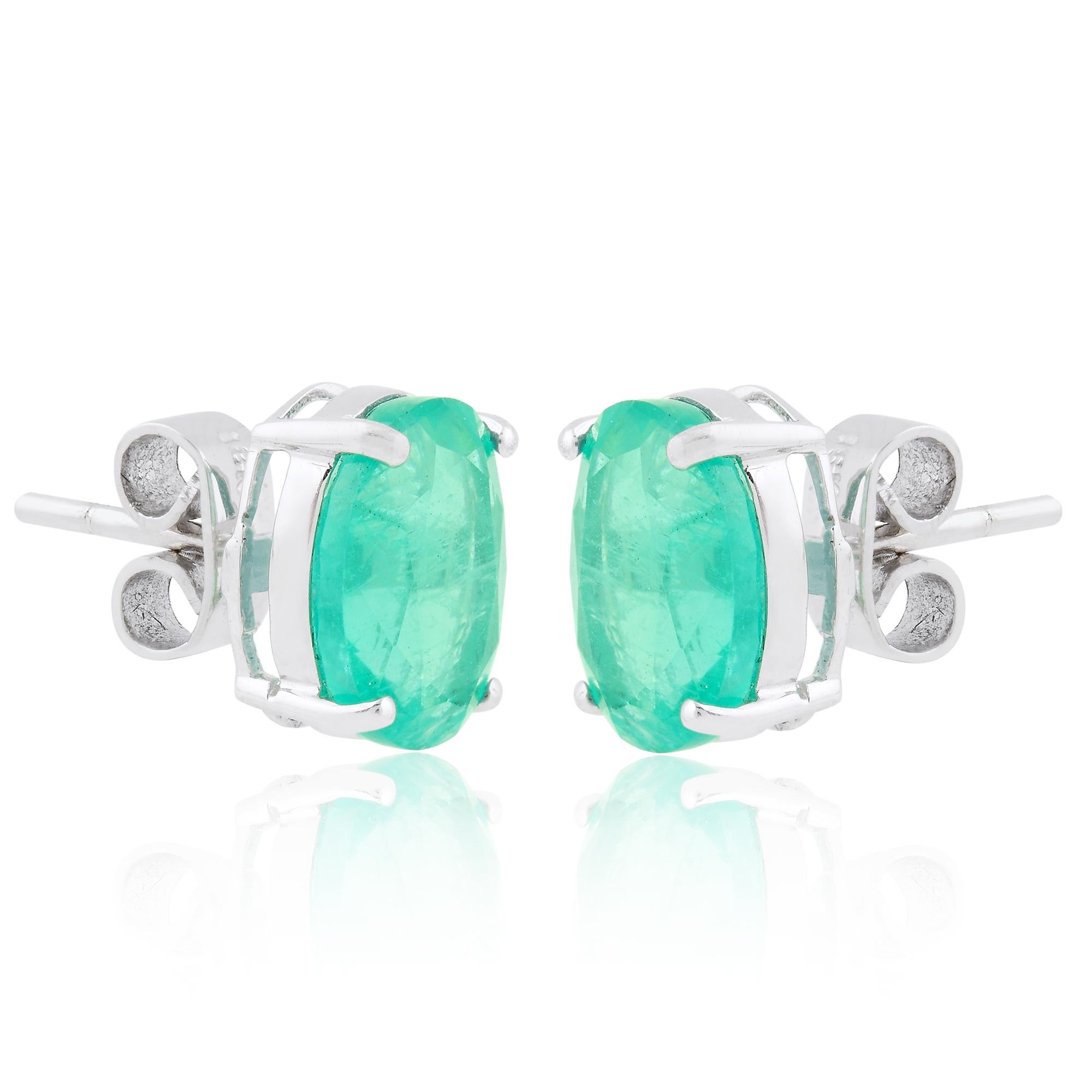 Women's Zambian Oval Shape Emerald Gemstone Stud Earrings 18 Karat White Gold Jewelry For Sale