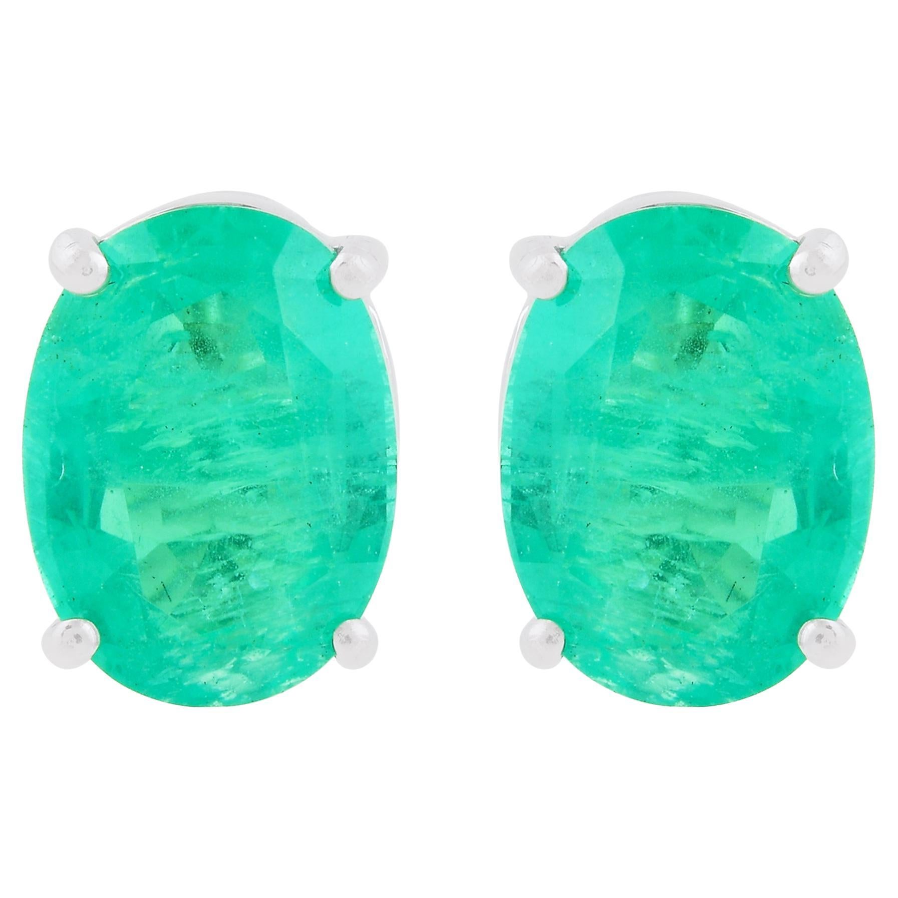 Oval Zambian Emerald Gemstone Stud Earrings Diamond 14 Karat White Gold ...
