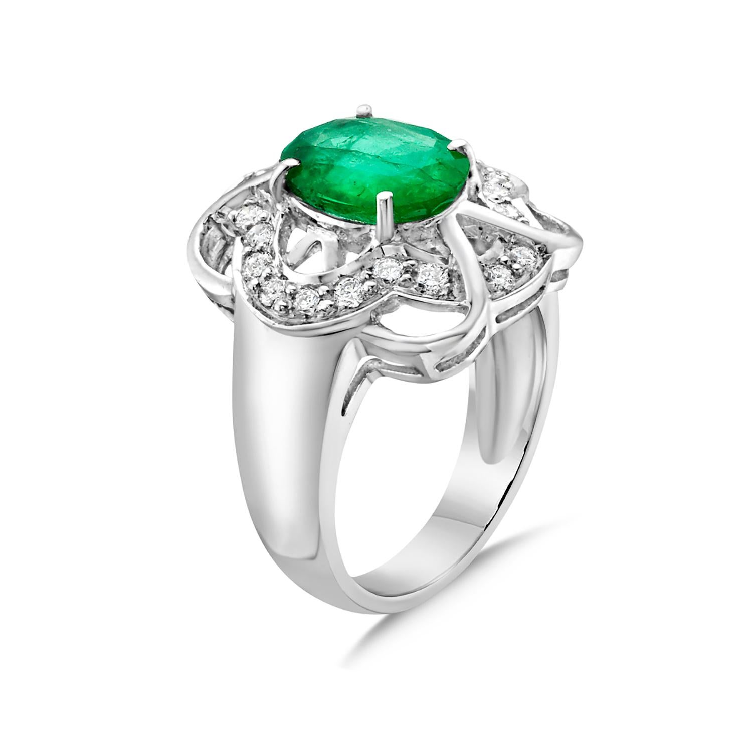 Mixed Cut Zambian Oval Shaped Emerald Ring With VS Diamonds Made In 18K White Gold For Sale