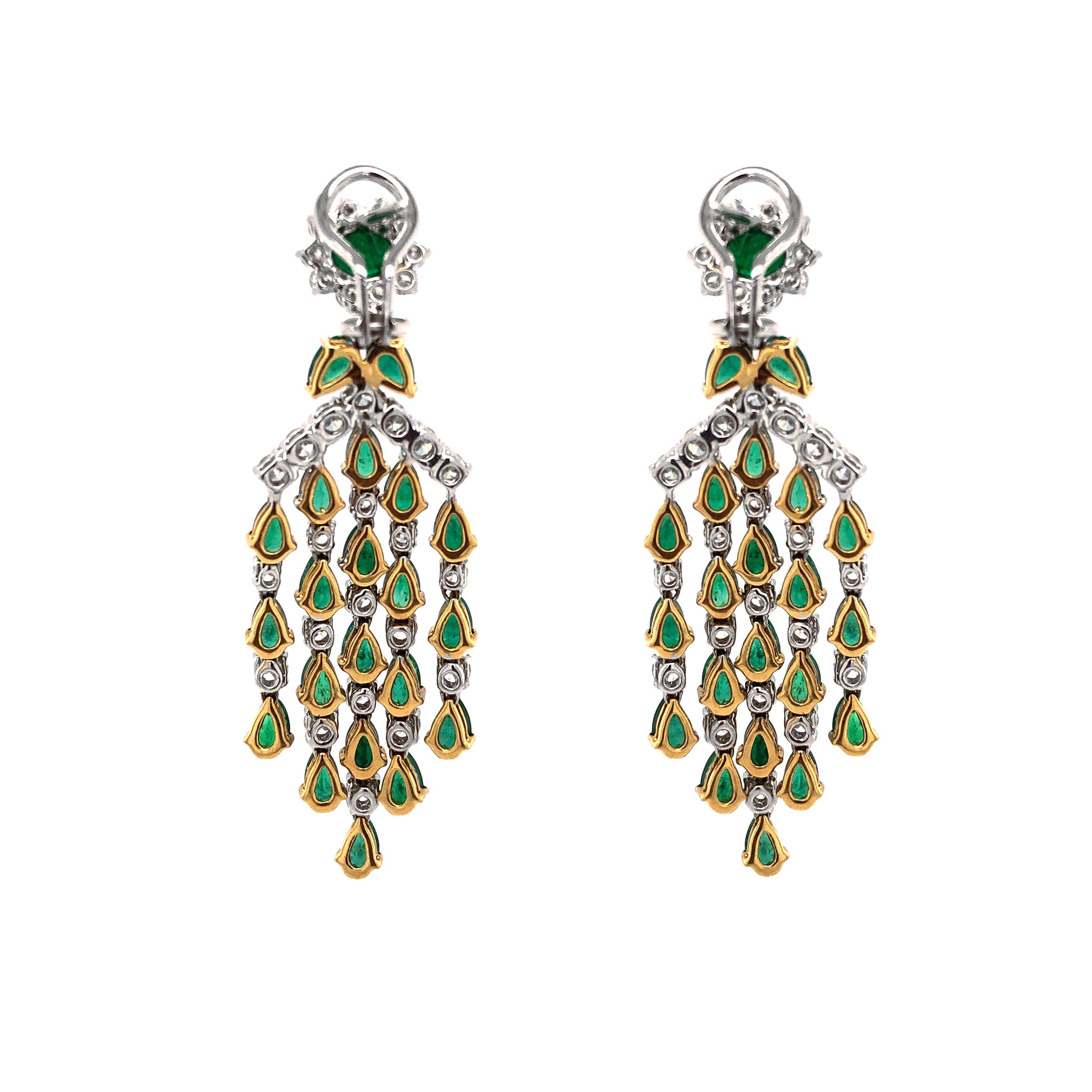 Contemporary Zambian Pear Cut Emeralds 10.36 Carat Diamond 18 Karat Gold Chandelier Earrings For Sale
