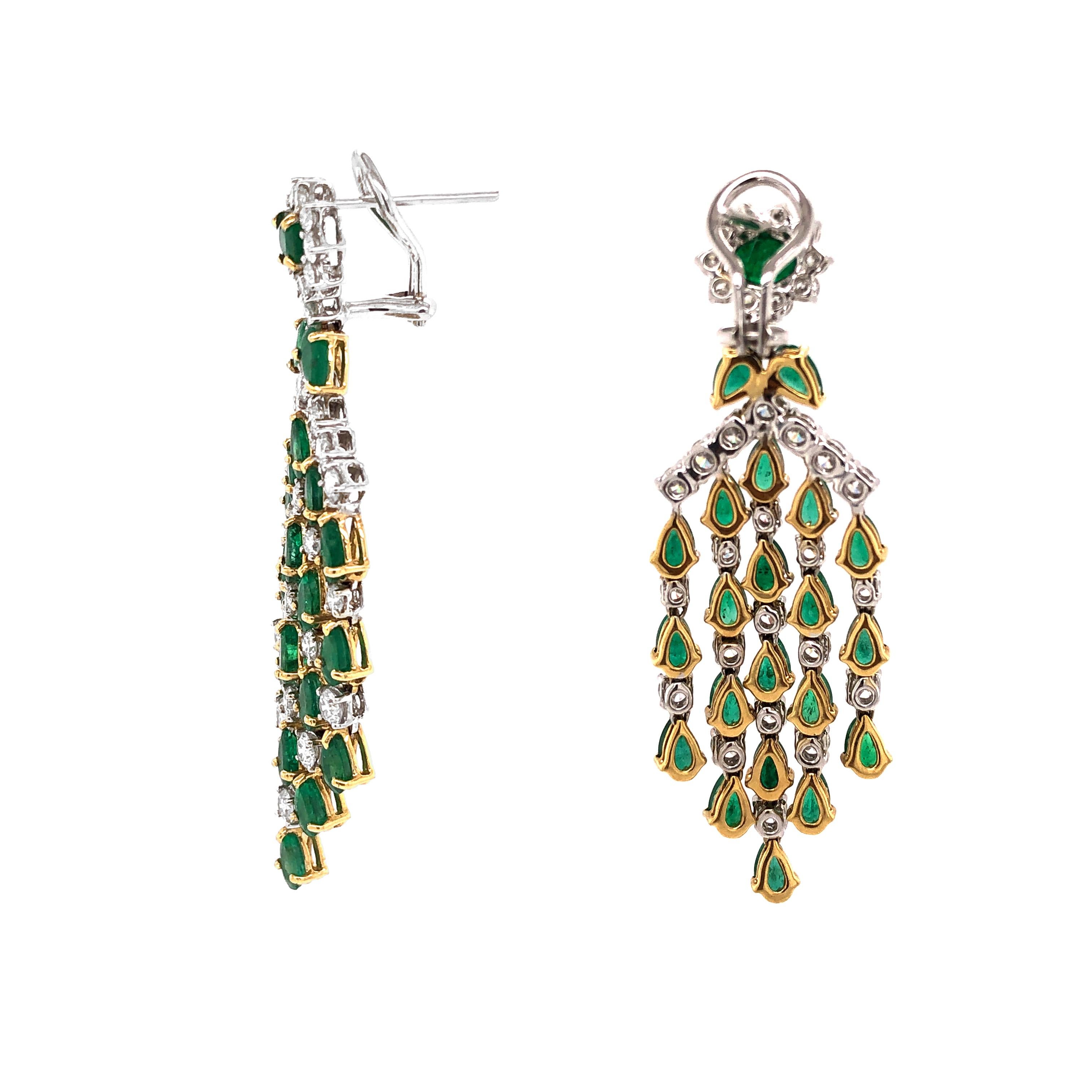 Zambian Pear Cut Emeralds 10.36 Carat Diamond 18 Karat Gold Chandelier Earrings In New Condition For Sale In New York, NY