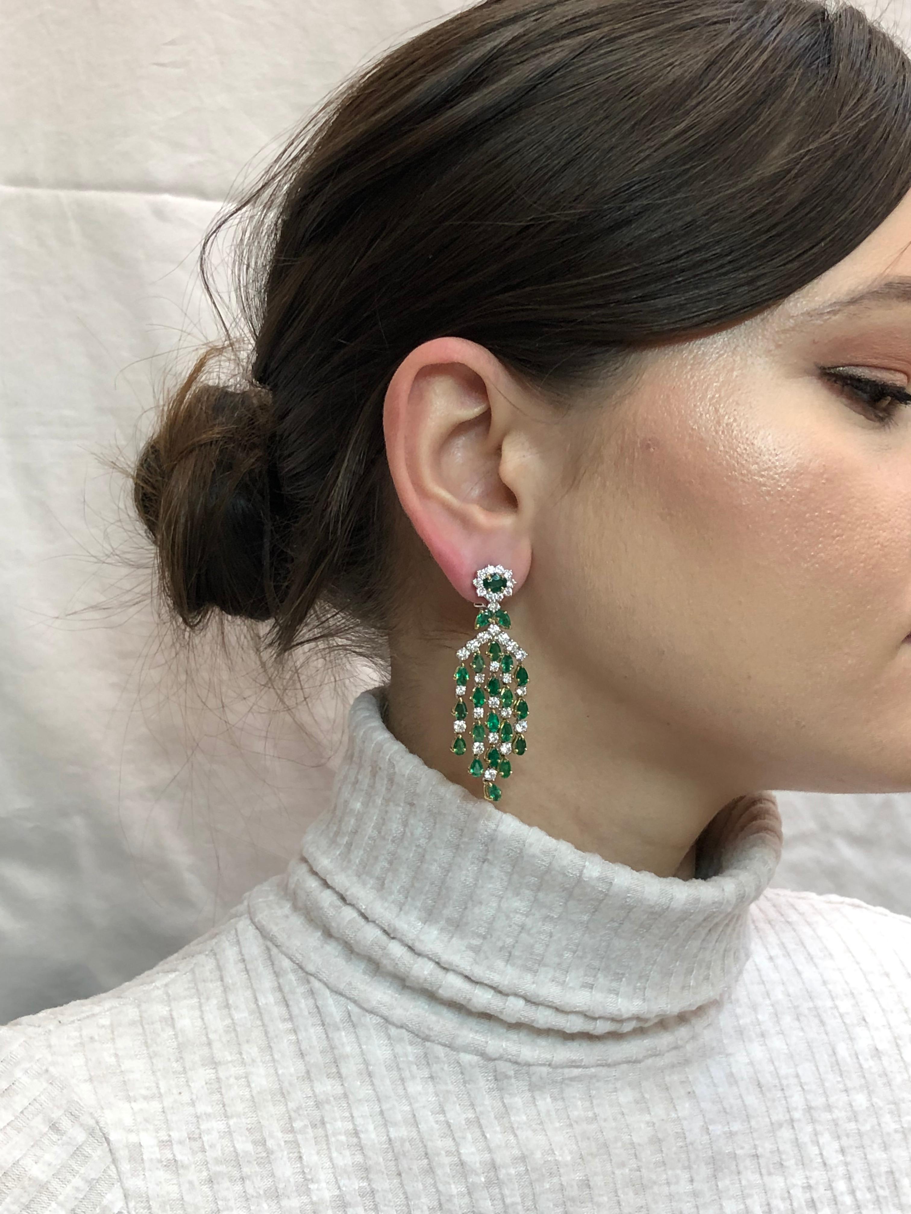 Women's Zambian Pear Cut Emeralds 10.36 Carat Diamond 18 Karat Gold Chandelier Earrings For Sale