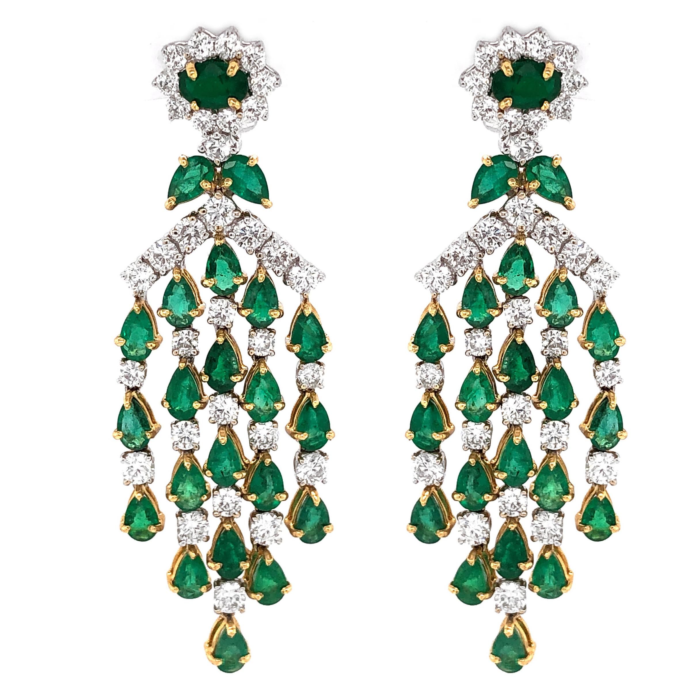 Zambian Pear Cut Emeralds 10.36 Carat Diamond 18 Karat Gold Chandelier Earrings For Sale