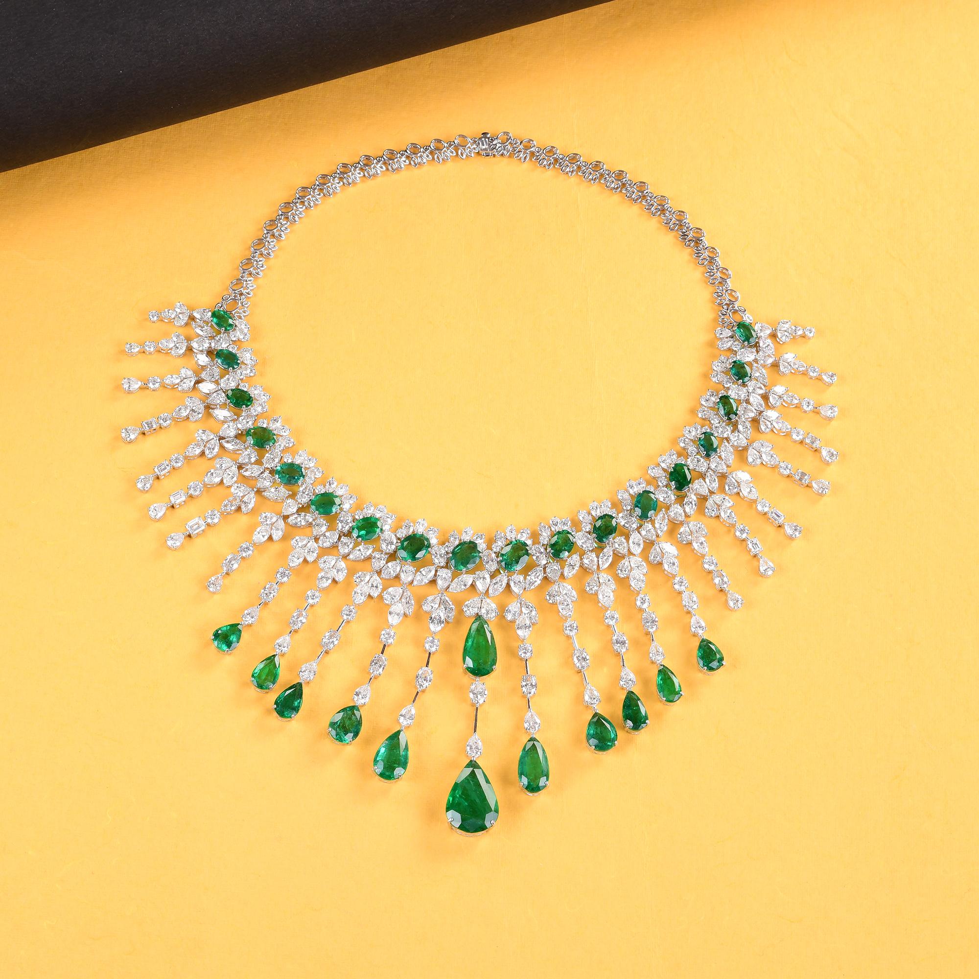 Modern Zambian Pear Emerald Gemstone Choker Necklace SI/H Diamond 14 Karat White Gold For Sale