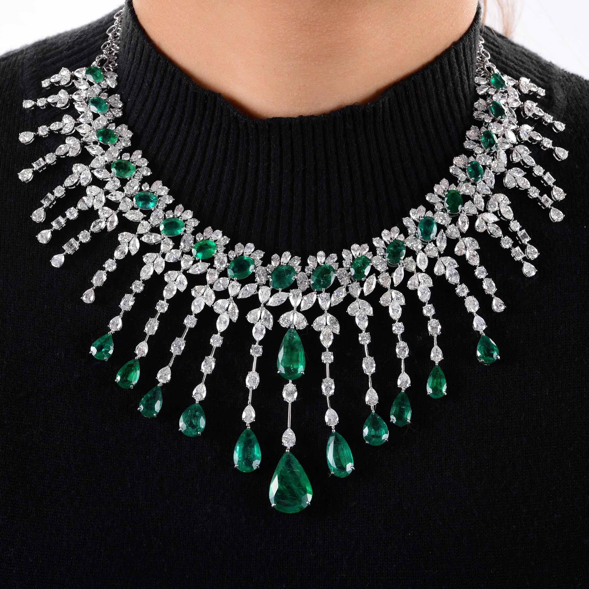 Pear Cut Zambian Pear Emerald Gemstone Choker Necklace SI/H Diamond 14 Karat White Gold For Sale