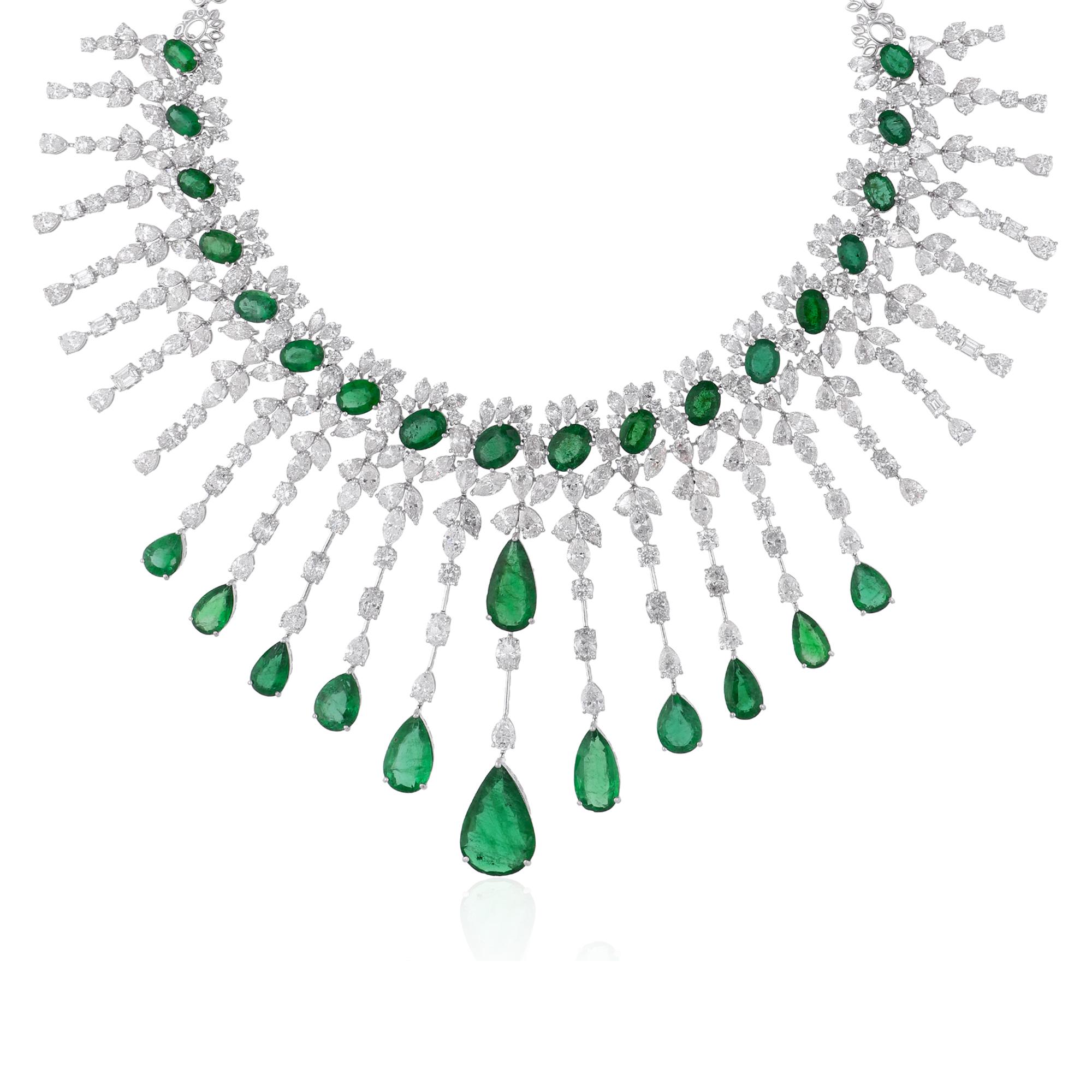 Women's Zambian Pear Emerald Gemstone Choker Necklace SI/H Diamond 14 Karat White Gold For Sale