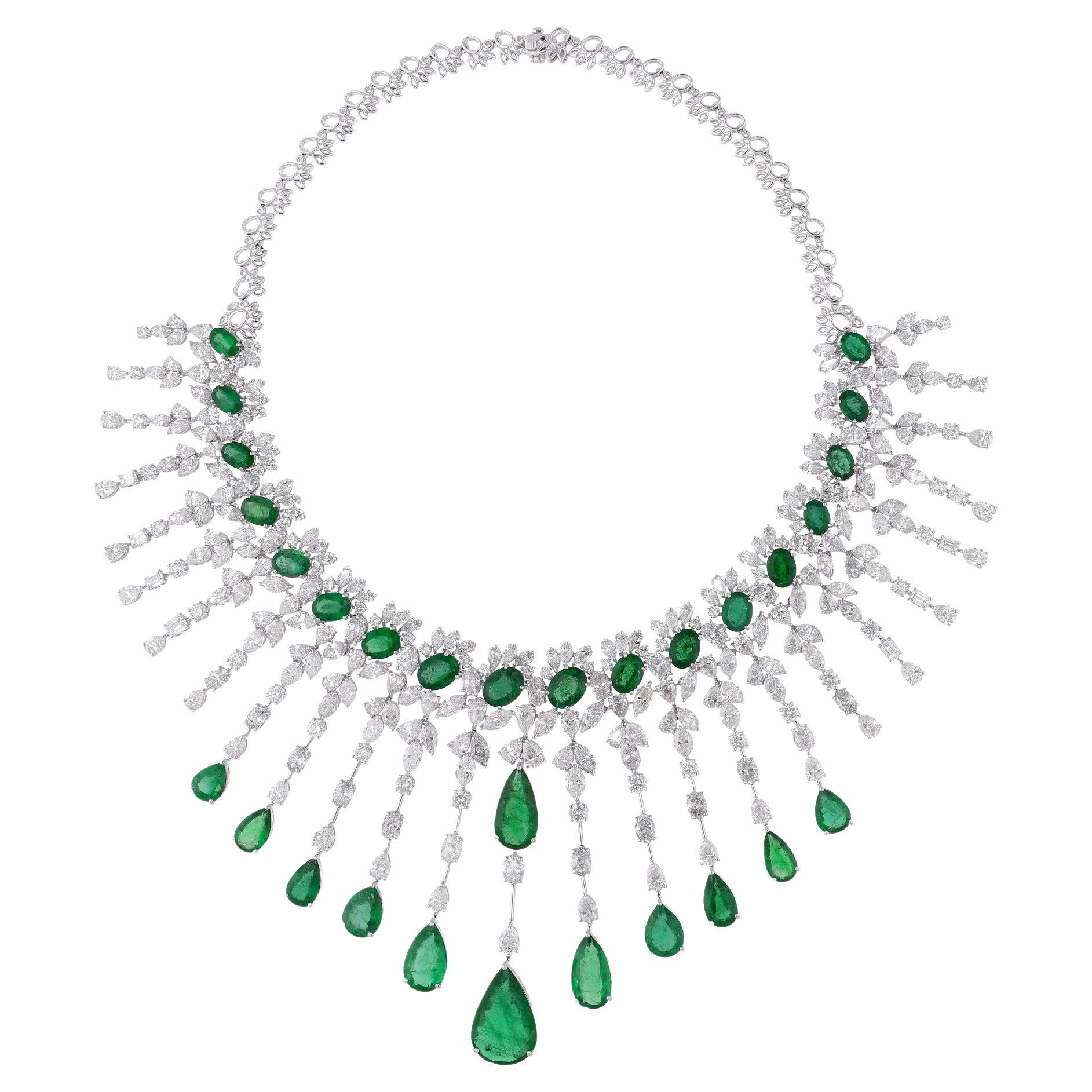 Zambian Pear Emerald Gemstone Choker Necklace SI/H Diamond 14 Karat White Gold For Sale