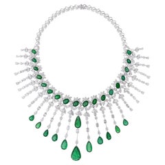 Zambian Pear Emerald Gemstone Choker Necklace SI/H Diamond 14 Karat White Gold