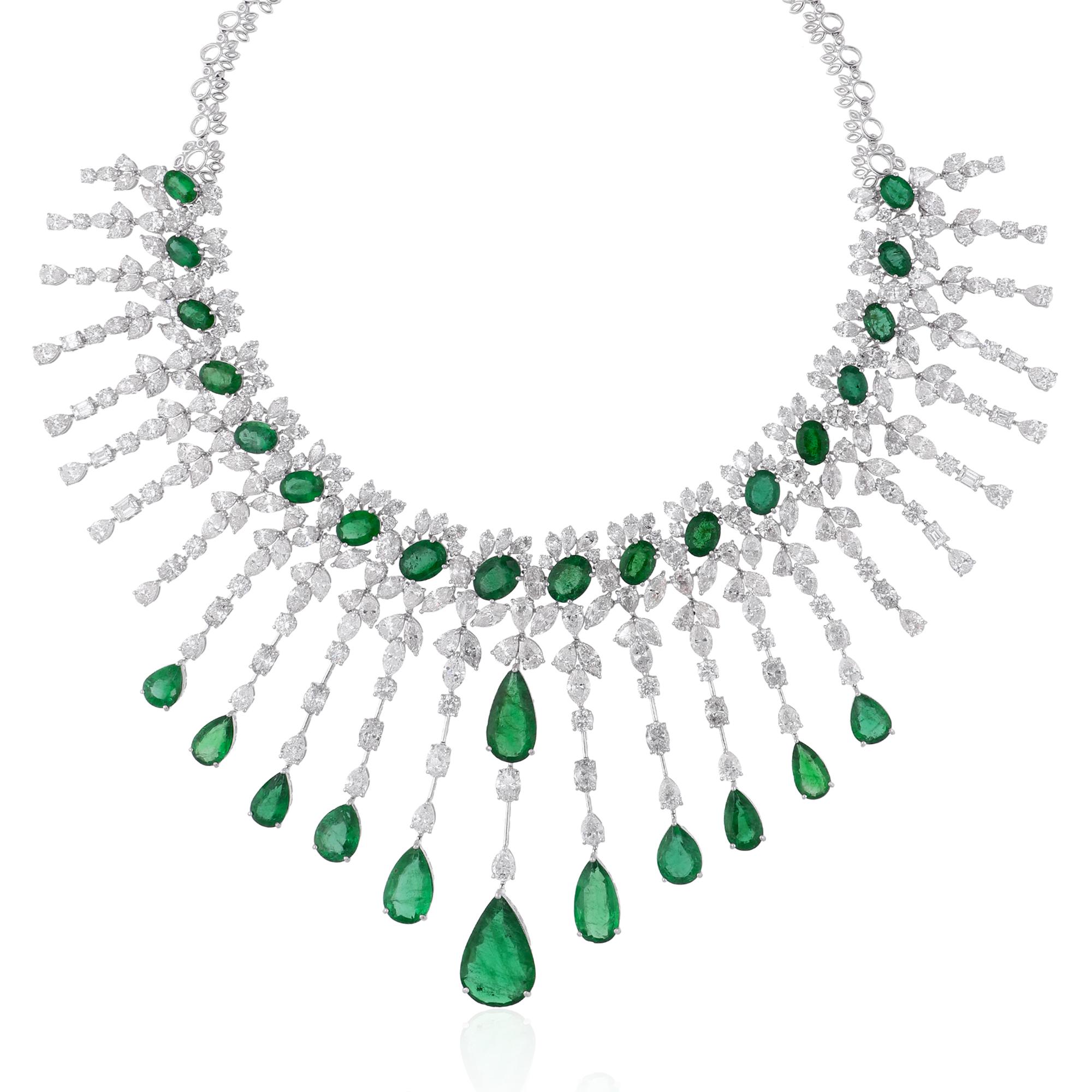 Modern Zambian Pear Emerald Gemstone Choker Necklace SI/H Diamond 18 Karat White Gold For Sale