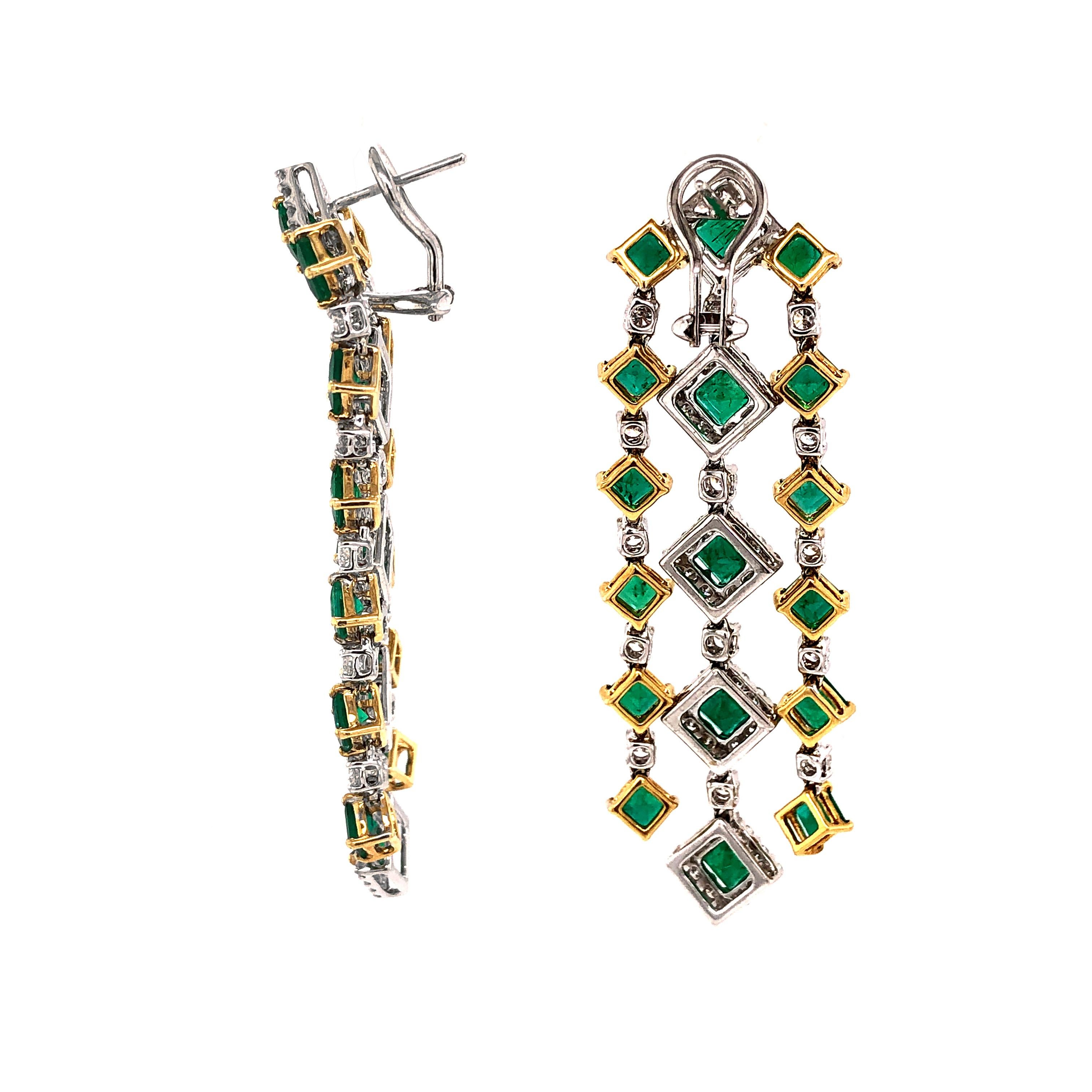 Contemporary Zambian Square Cut Emerald 11.09 Carat Diamond 18 Karat Gold Chandelier Earrings For Sale