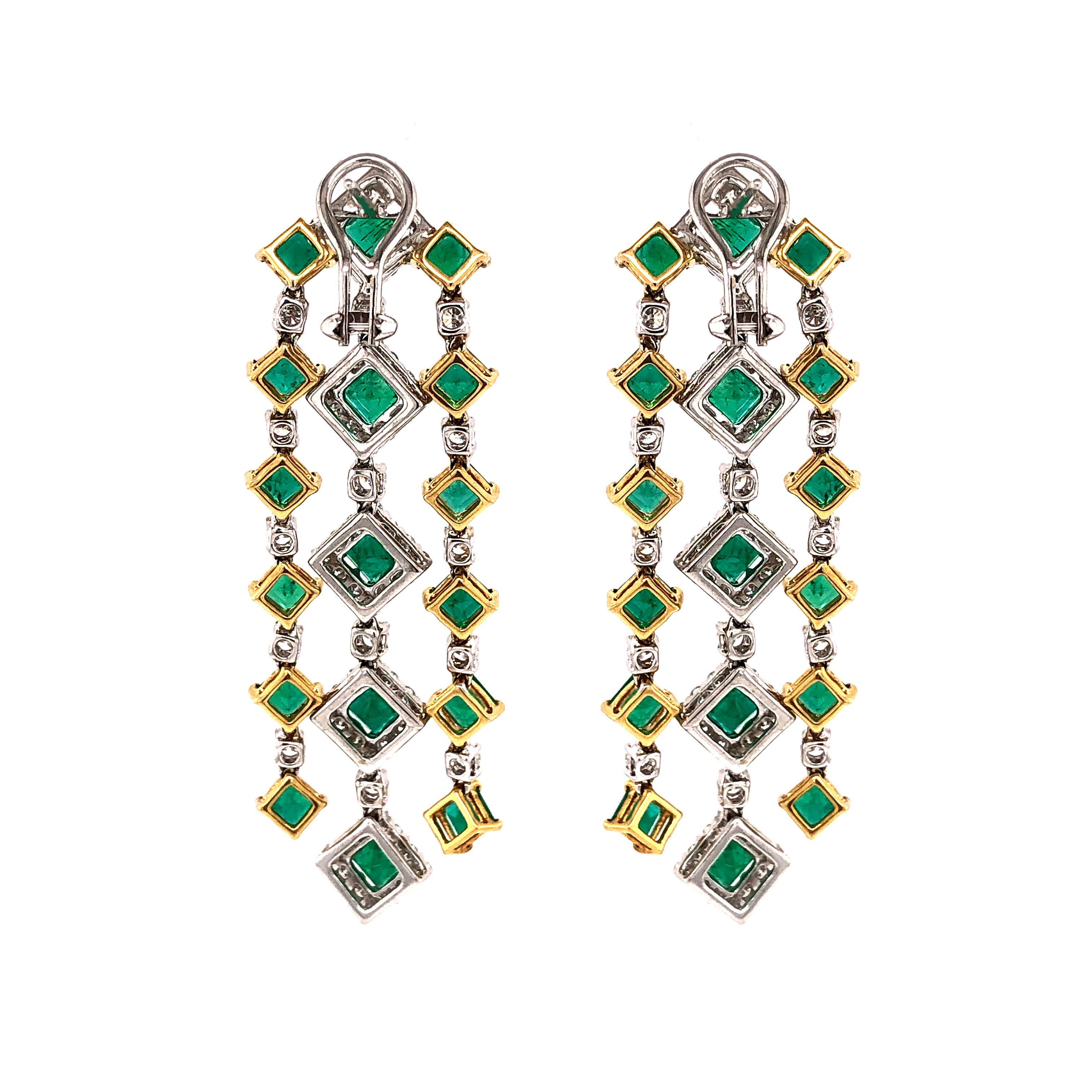 Pear Cut Zambian Square Cut Emerald 11.09 Carat Diamond 18 Karat Gold Chandelier Earrings For Sale