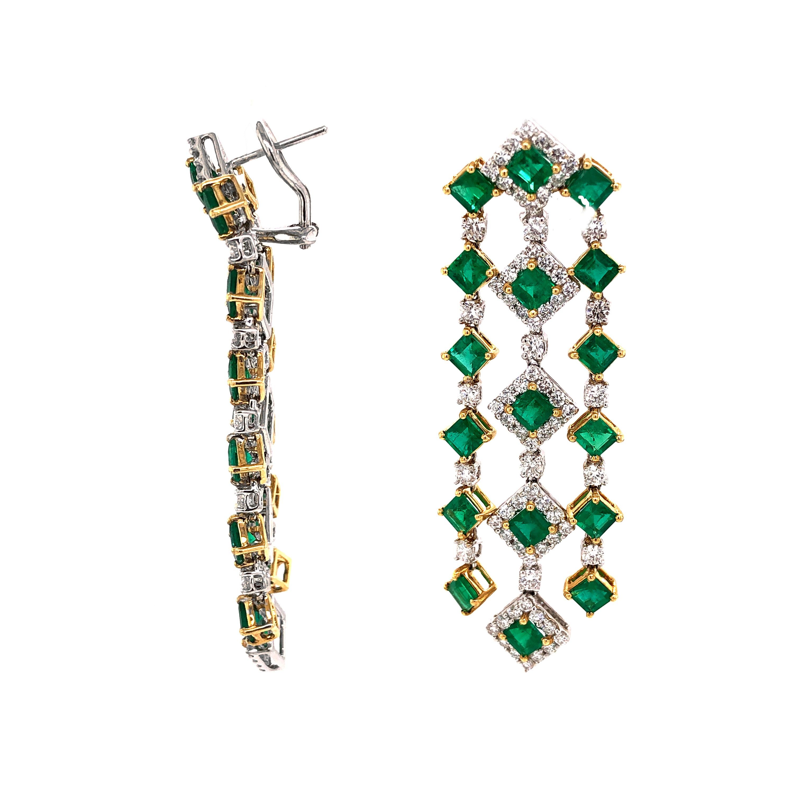 Zambian Square Cut Emerald 11.09 Carat Diamond 18 Karat Gold Chandelier Earrings In New Condition For Sale In New York, NY