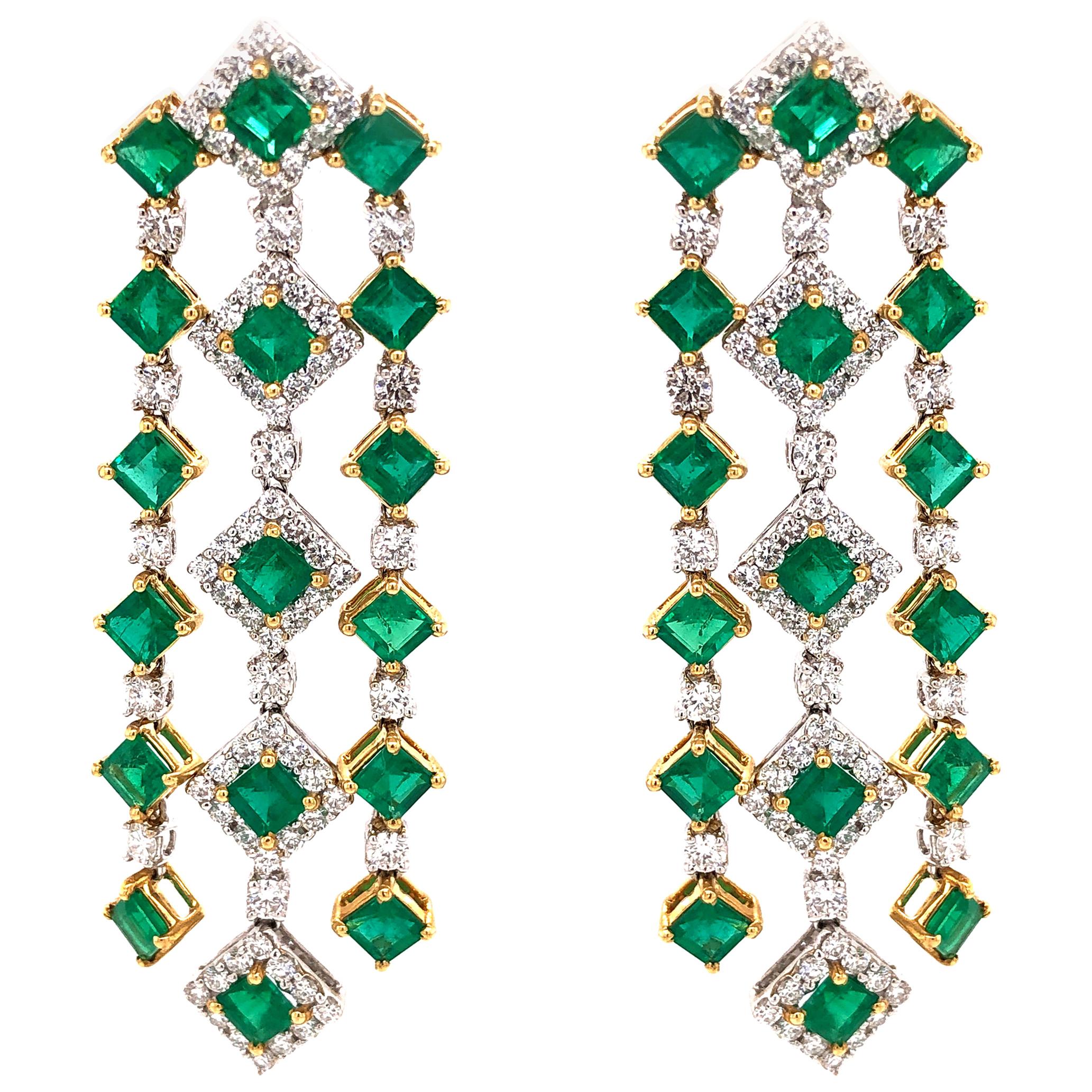 Zambian Square Cut Emerald 11.09 Carat Diamond 18 Karat Gold Chandelier Earrings For Sale