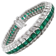 Zambian Square Cut Emeralds 14.28 Carat Diamond Platinum Link Bracelet