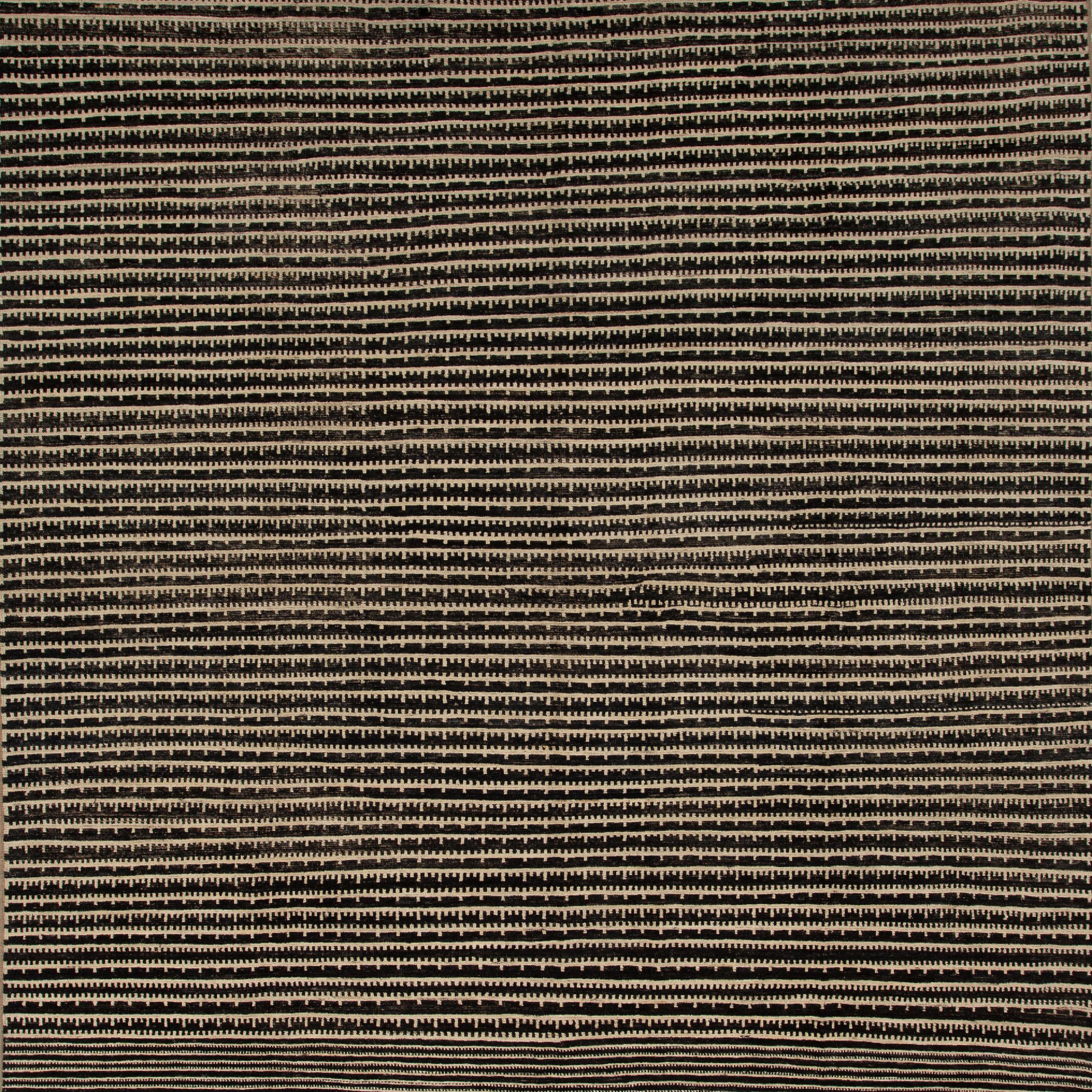 Inspired by the grounding foundations of Earth's natural colors and pure materials, this Zameen Black and Beige Geometric Wool Rug - 11'8