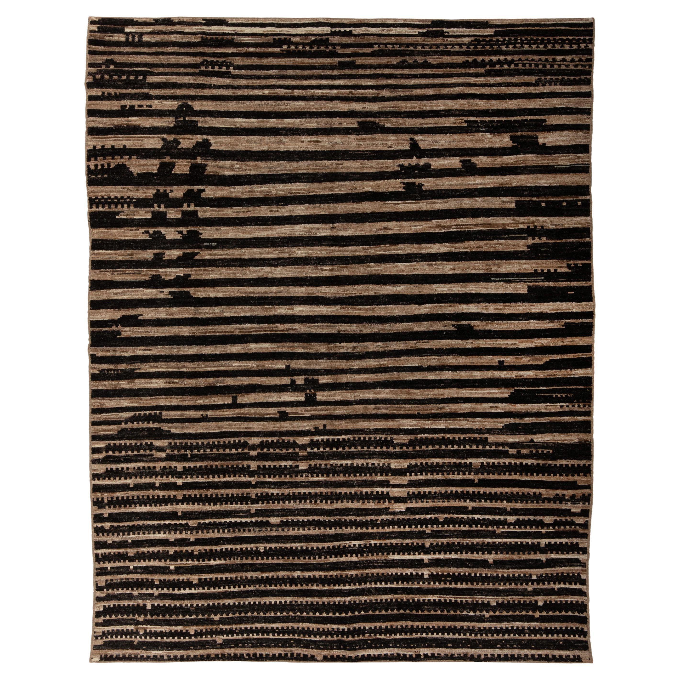 abc carpet Zameen Black and Brown Striped Modern Wool Rug - 7'9" x 9'8" For Sale