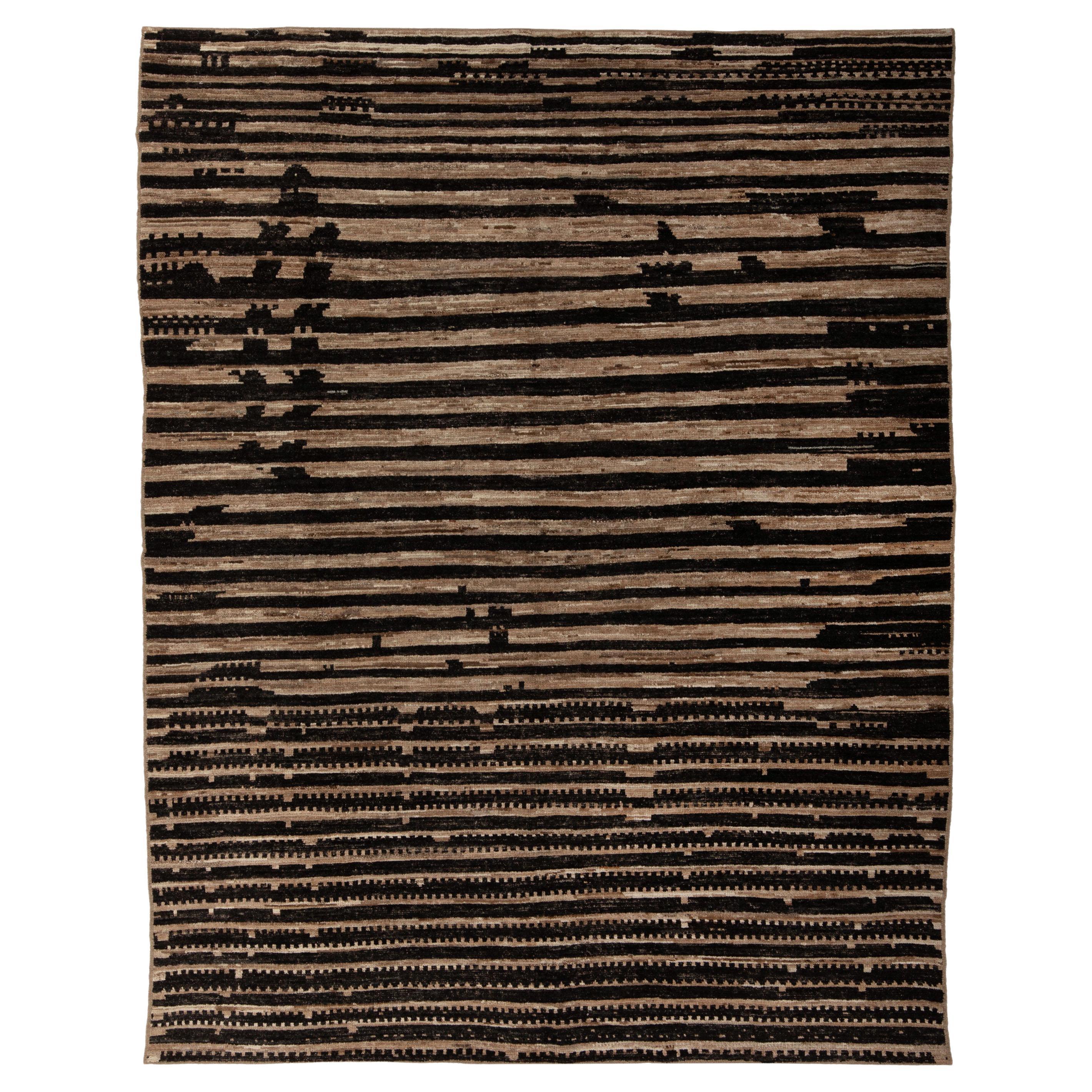 abc carpet Alfombra moderna de lana a rayas negras y marrones Zameen - 7'9" x 9'8
