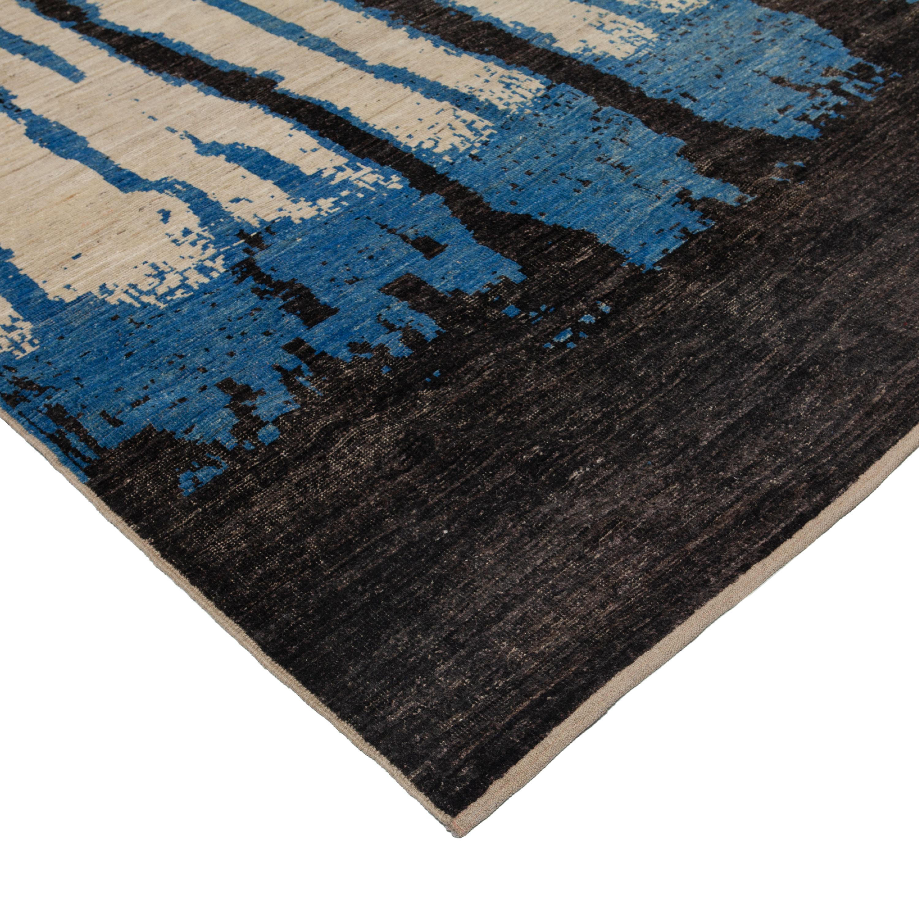 Mid-Century Modern abc carpet Zameen Blue and Black Modern Wool Rug - 12'3