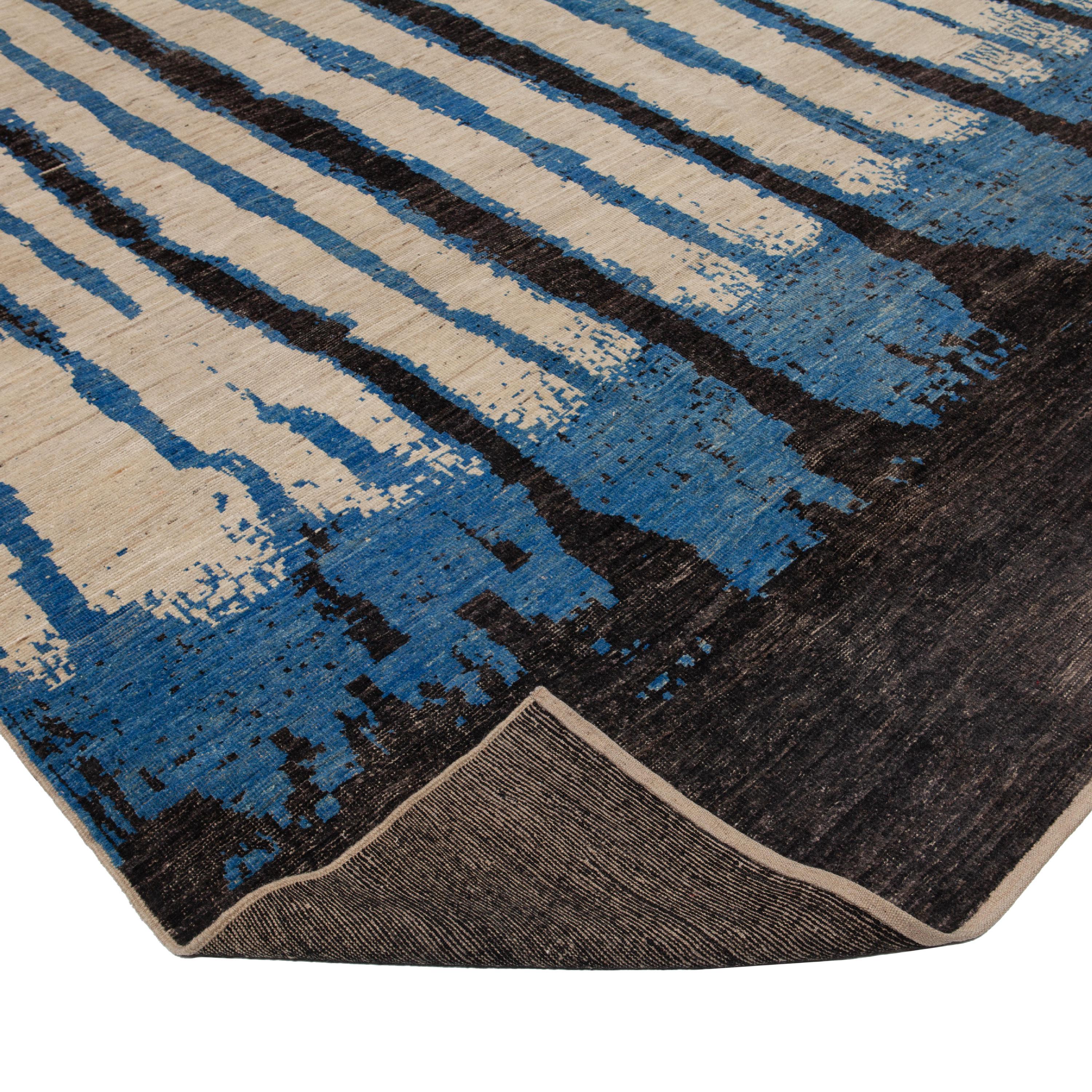 Afghan abc carpet Zameen Blue and Black Modern Wool Rug - 12'3